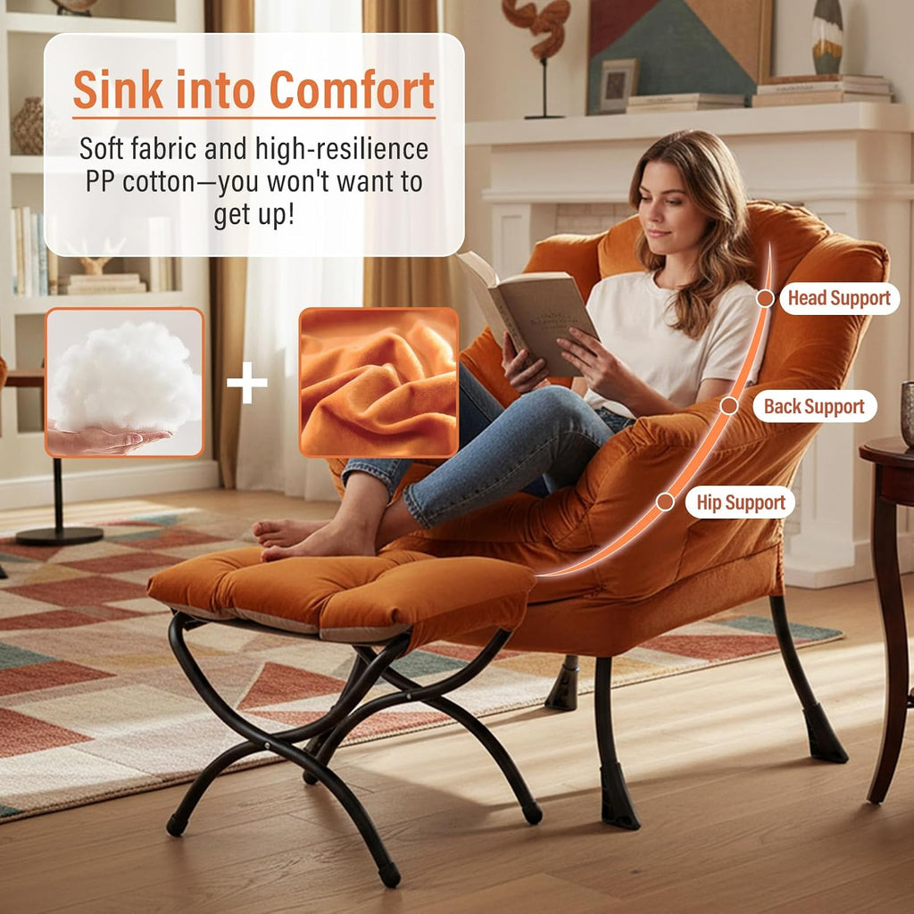 Furlide Lazy Chair with Ottoman, Modern Accent Chair with Armrests and a Side Pocket, Velvet Orange Accent Chairs, Reading Chairs, Oversized Armchairs for Bedroom, Study, Living Room, Courtyard