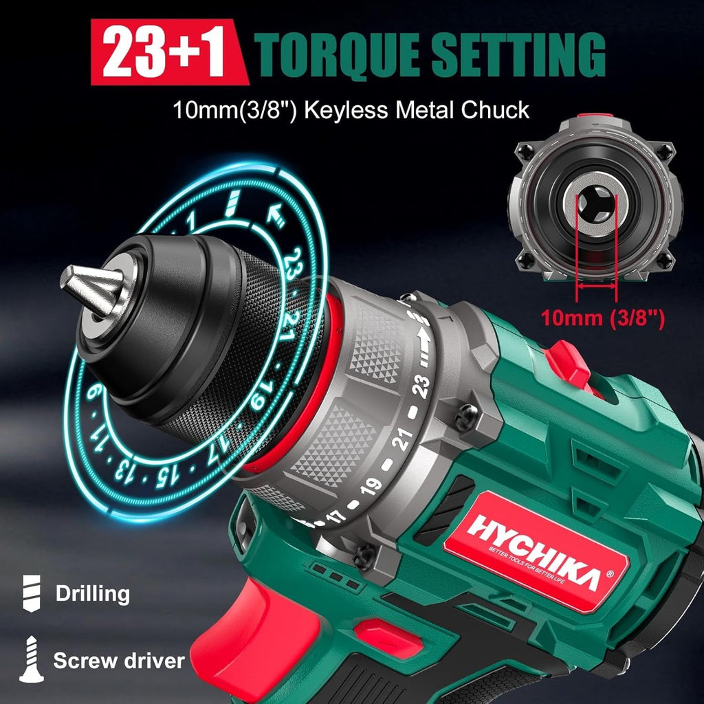 HYCHIKA 18 V Max Cordless Impact Wrench with 1/2 Impact Drivers,True Brushless 16.8V Cordless Compact PowerDrill,2-Tool Power Tool Set Combo Kit