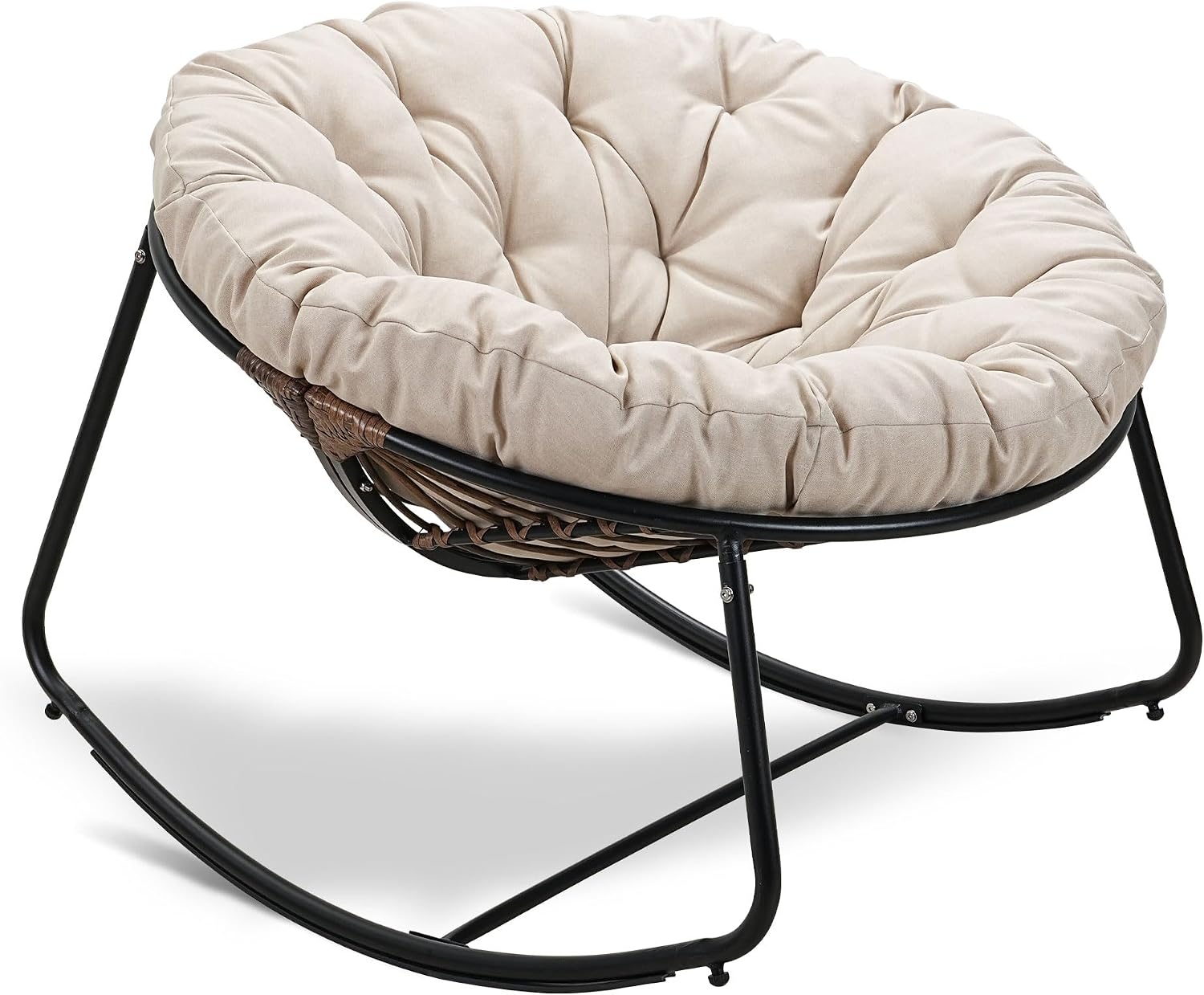 Outdoor Rocking Chair, Indoor & Outdoor Comfy Oversized Papasan Chair with Padded Cushion, Oversized Metal Frame Egg Chair for Living Room, Patio, Front Porch, Backyard