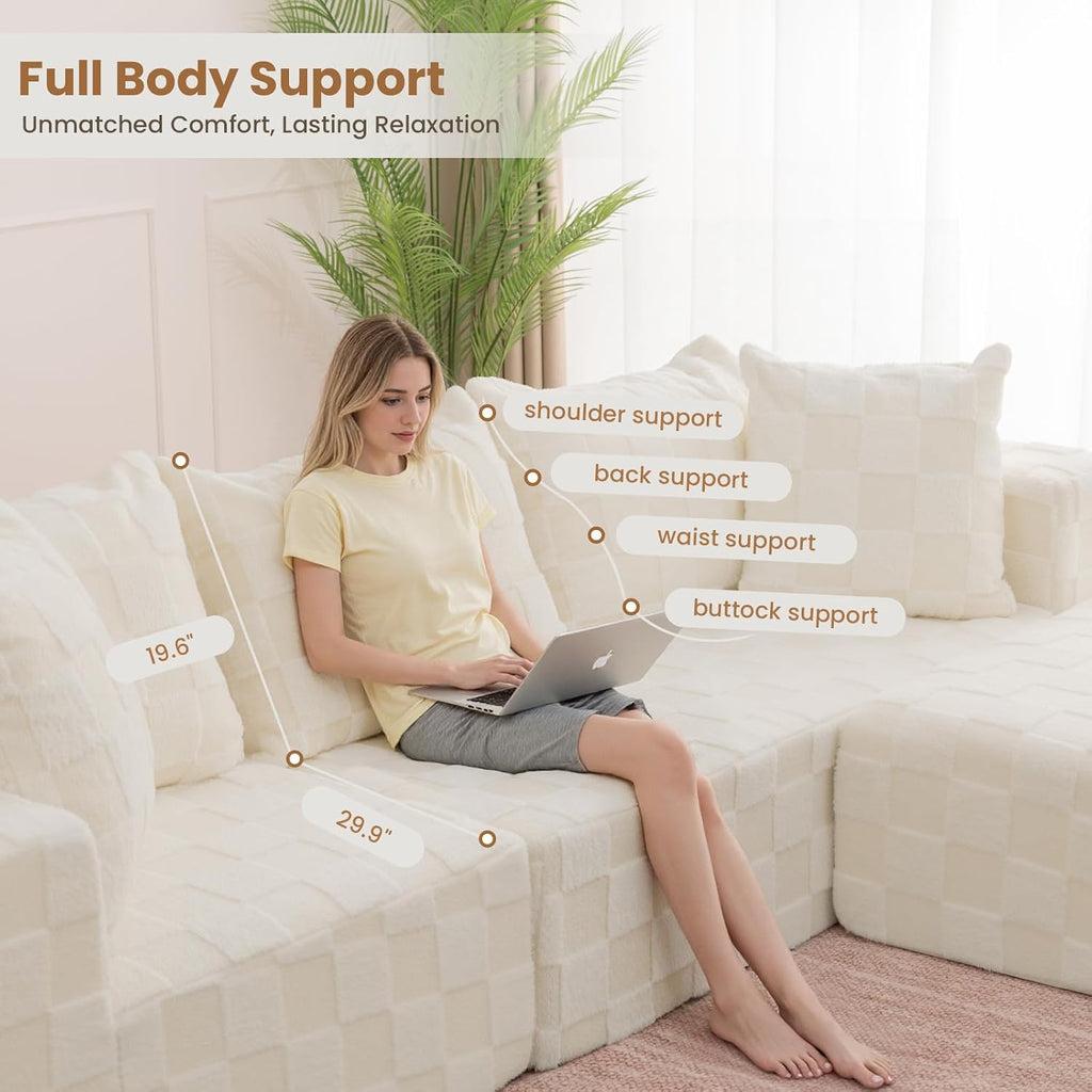 Modular Sectional Sofa, 108' L-Shaped Boneless Couch with Deep Seat, Corduroy Cloud Couch for Living Room, Bedroom, No Assembly Required, Ship in a Box, Checkered Beige