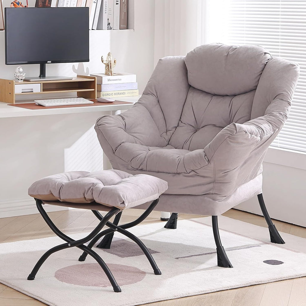 Furlide Lazy Chair with Ottoman, Modern Chair with Folding Footrest, Lounge Accent Chair, Comfortable Reading Chair, Oversized Armchairs for Bedroom, Study, Living Room, Courtyard (Light Grey)