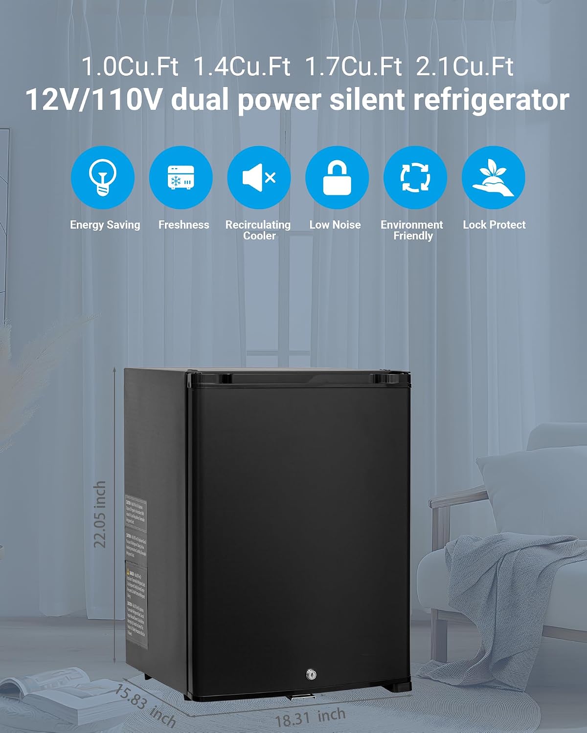Mini Fridge with lock 110V/12V Compact Refrigerator 1.4 Cu.Ft, Reversible Door, Quiet Absorption, Mini Fridge for Bedroom Office RV Camper Semi Truck