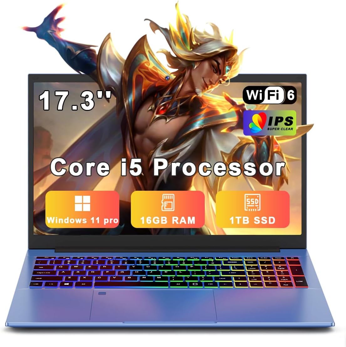 XNQ 17.3'' Gaming Laptop 2026, Win 11 Pro Lap Top, Core i5 Turbo 3.80GHz, 16GB RAM 1TB SSD, 1TB TF Expand, 10000mAh Battery, WiFi6 BT5, 1080 FHD, Colorful Backlit, Fingerprint, 2MP Privacy Cam