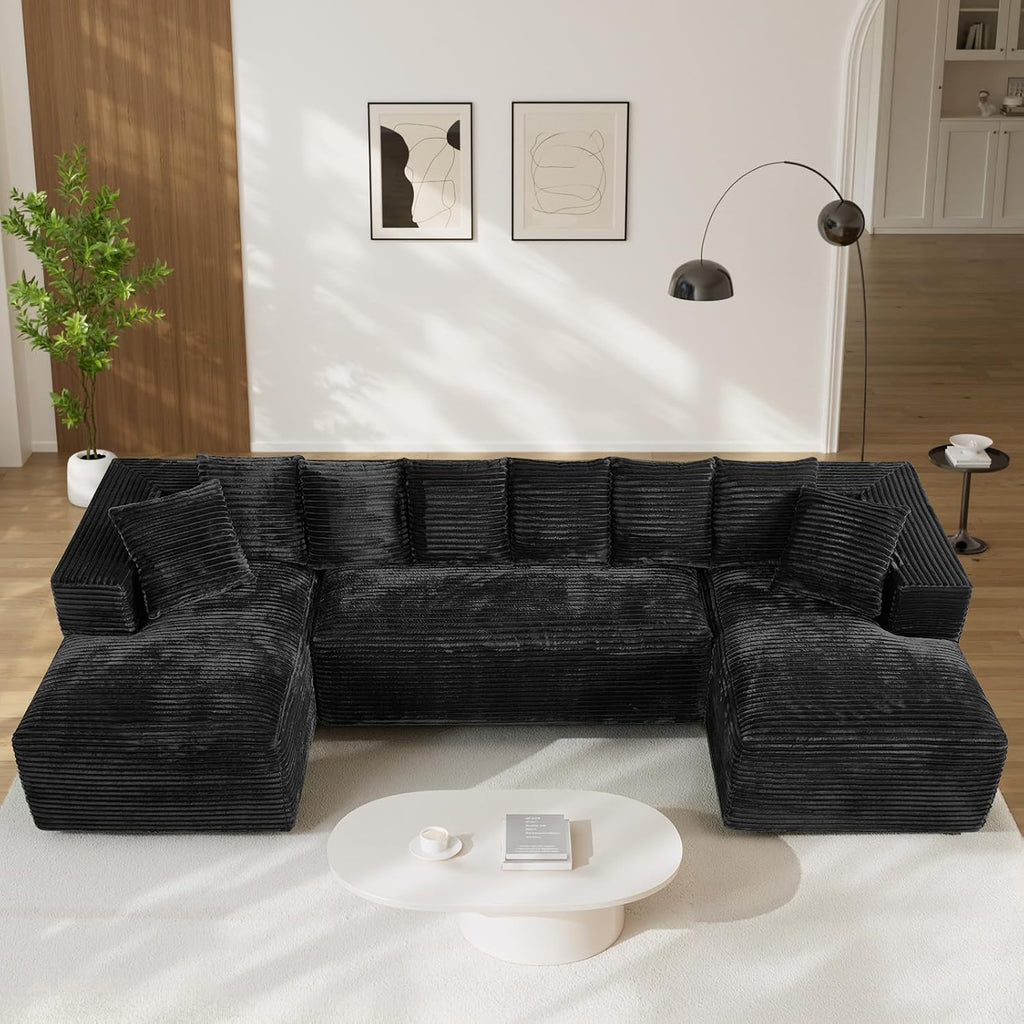 131' Oversized U Shaped Cloud Sectional Couches for Living Room, Comfy Fluffy Corduroy Black Boneless Sectionals Couch, Plush Memory Foam Modular Sectional Sofa with Chaise- 19' Seat Height