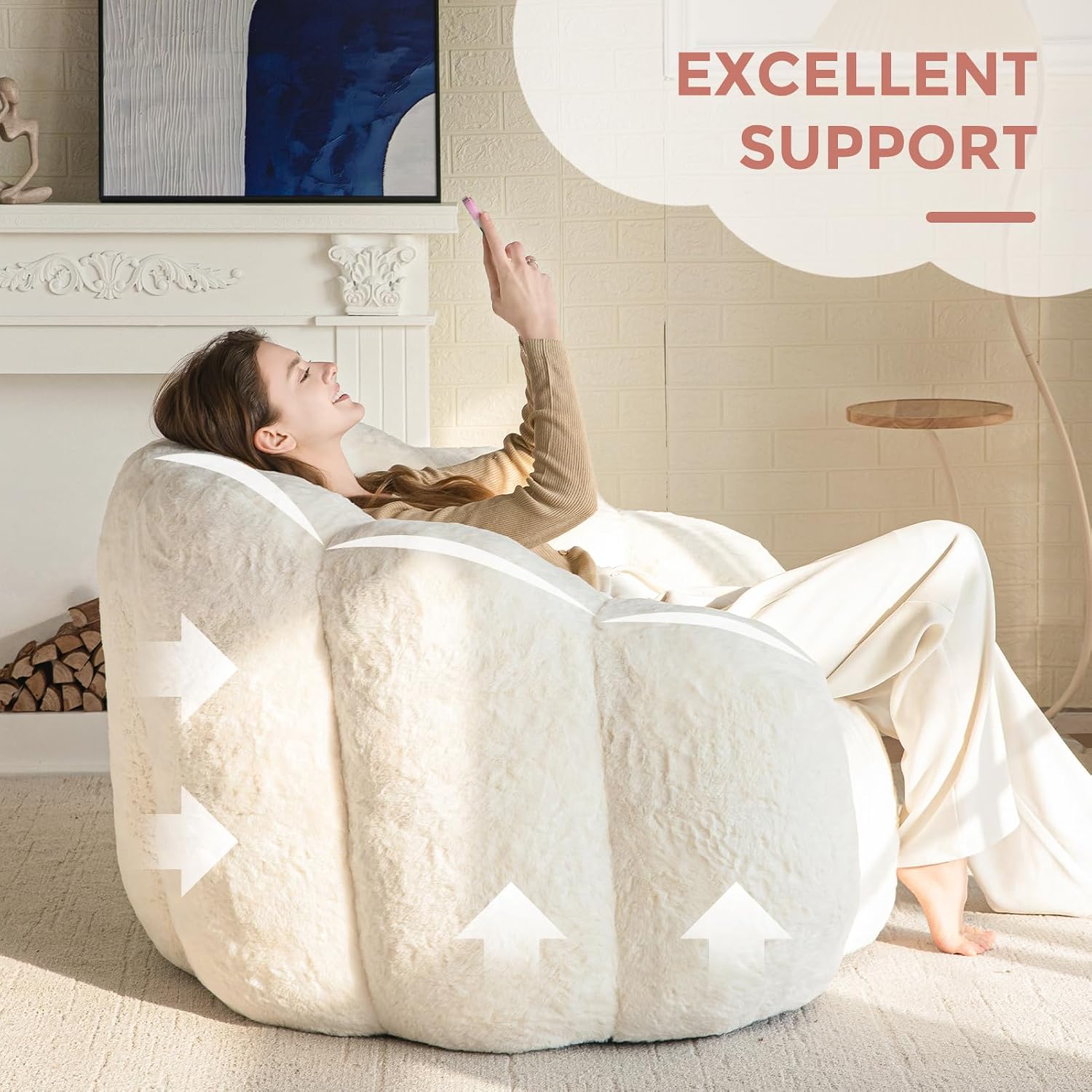 MAXYOYO Bean Bag Chair for Adults, Floral Shaped Bean Bag Sofa, Ultra Soft Faux Fur Floor Sofa, Large Reading Chair for Living Room Bedroom, Beige, Single