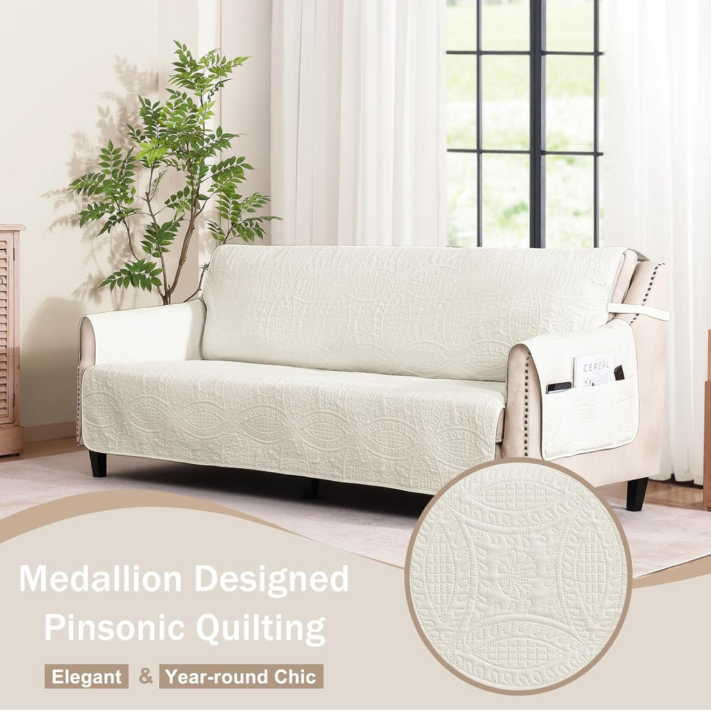 Quilted Grand Sofa Covers for 4 Cushion Couch, Couch Cover for Grand Sofa Washable, Soft Cozy Couch Protector, Oversized Grand Sofa Slipcovers Water-Repellent (Grand Sofa 98', Ivory White)