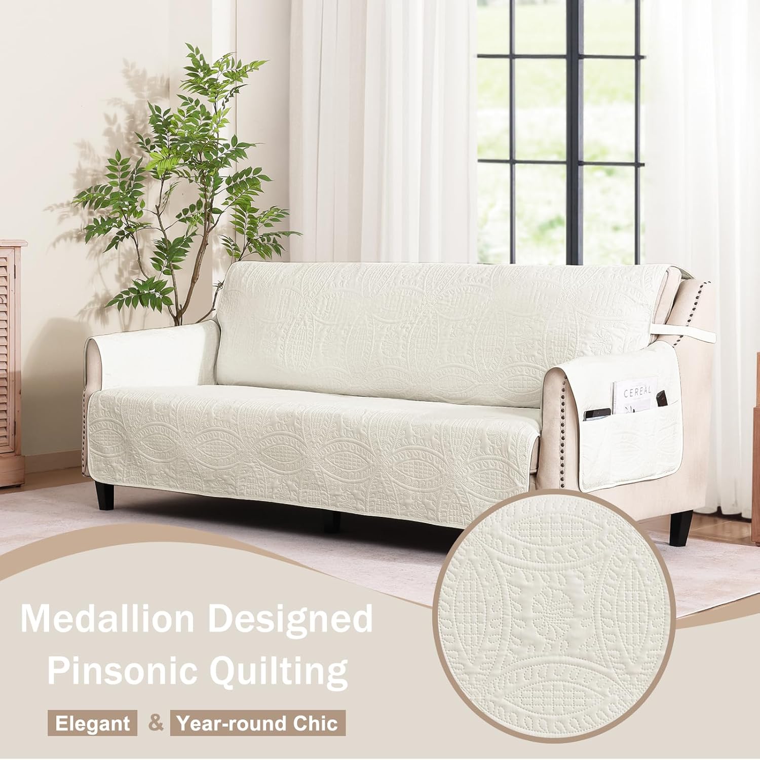 Quilted Grand Sofa Covers for 4 Cushion Couch, Couch Cover for Grand Sofa Washable, Soft Cozy Couch Protector, Oversized Grand Sofa Slipcovers Water-Repellent (Grand Sofa 98', Ivory White)
