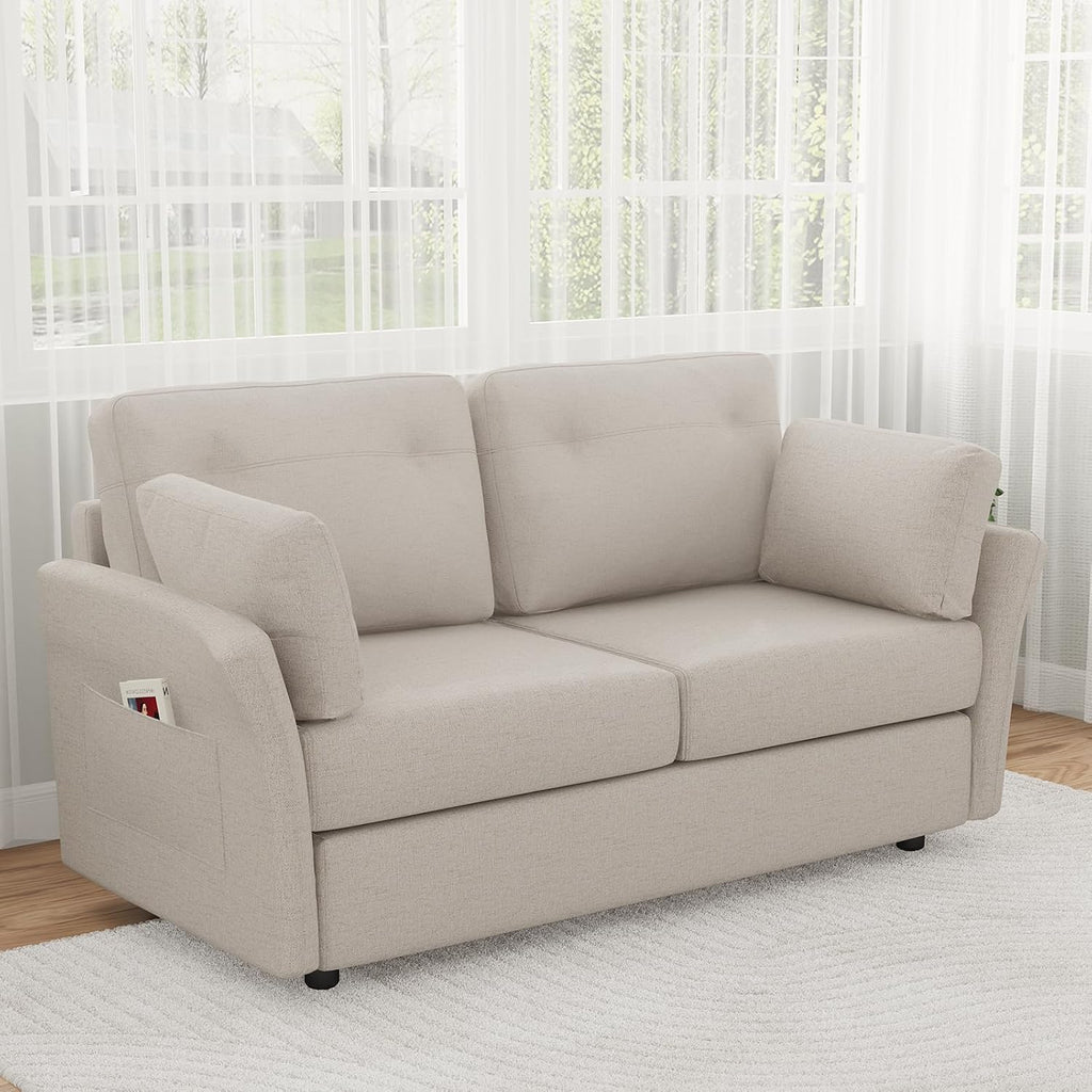 Novilla 57' Linen Loveseat - Small Sofa w/ 2 Bolster Pillows for Apartment, Easy Assembly, Beige