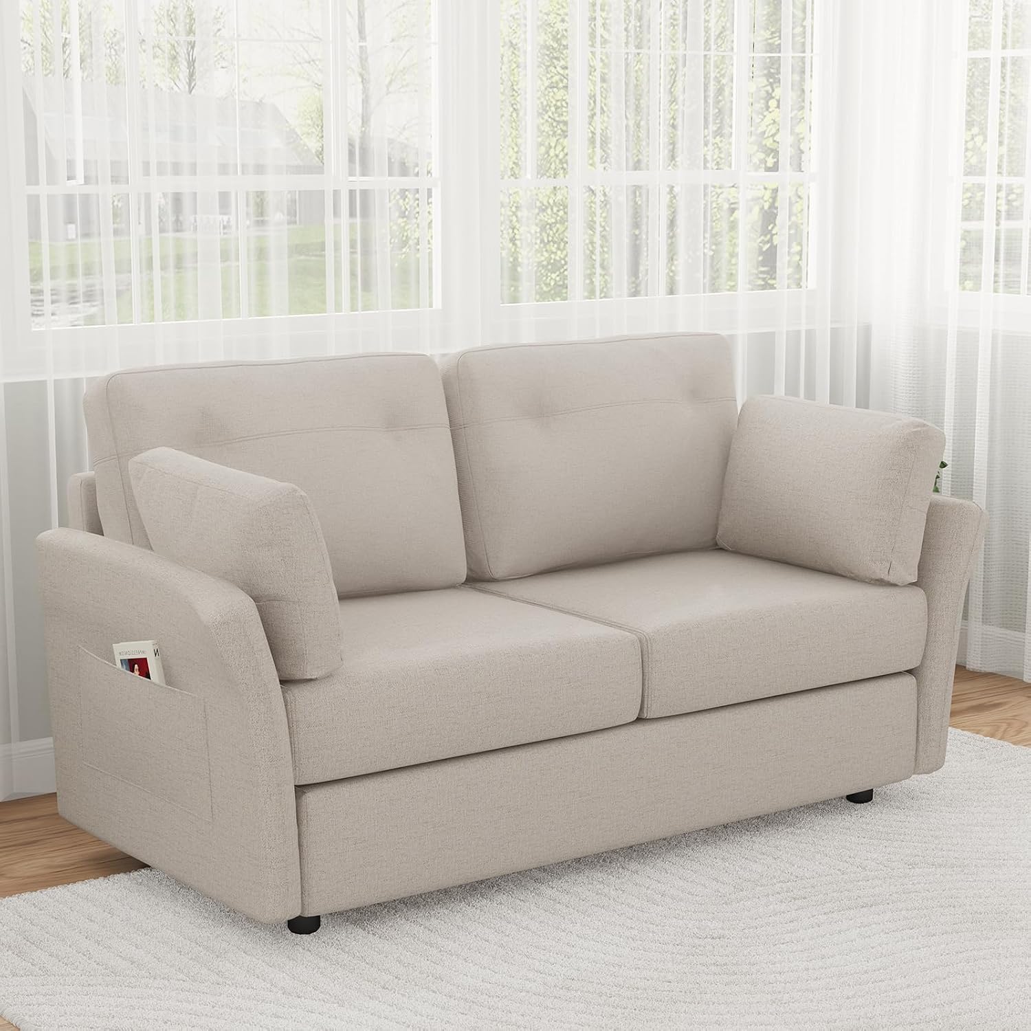 Novilla 57' Linen Loveseat - Small Sofa w/ 2 Bolster Pillows for Apartment, Easy Assembly, Beige