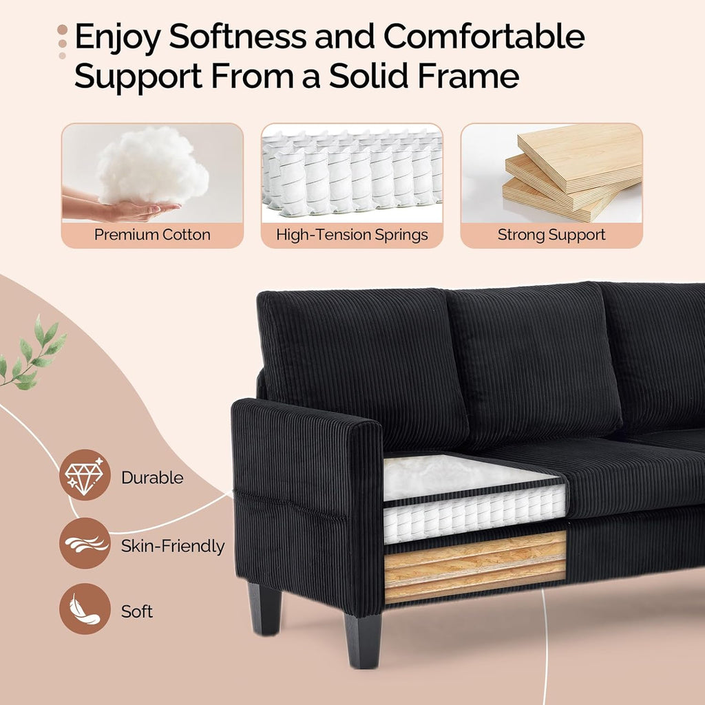 VINGLI 68.5' L Shaped Couch with Movable Storage Ottoman, Convertible Sectional Sofa in Soft Corduroy Fabric, Modern Reversible Chaise Couch for Small Spaces, Apartment, Living Room，Black