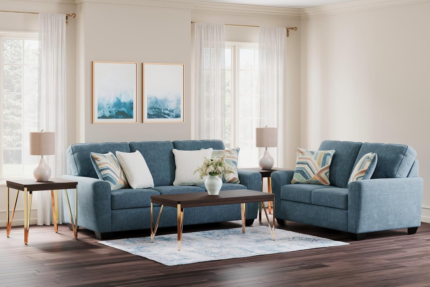Signature Design by Ashley Cashton Casual 2-in-1 Sofa Sleeper with Folding Gel Memory Foam Mattress, Queen, Blue
