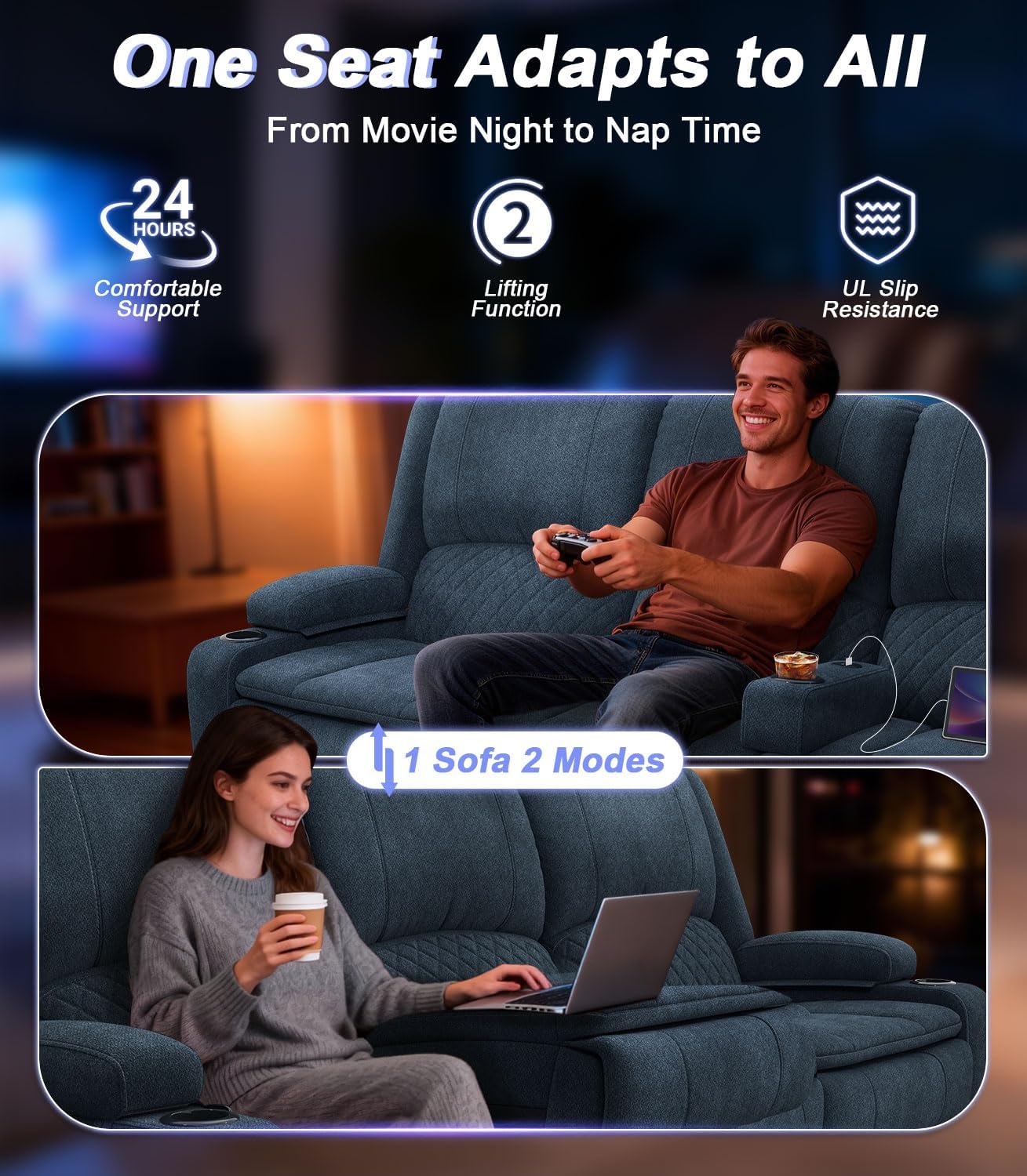 Power Loveseat Recliner Sofa, Removable Armrest 3 Seats Power Reclining Loveseat with Remote Liftable Console, Wall Hugger RV Theater Seating with Storage & USB & RGB (Fabric, Blue)