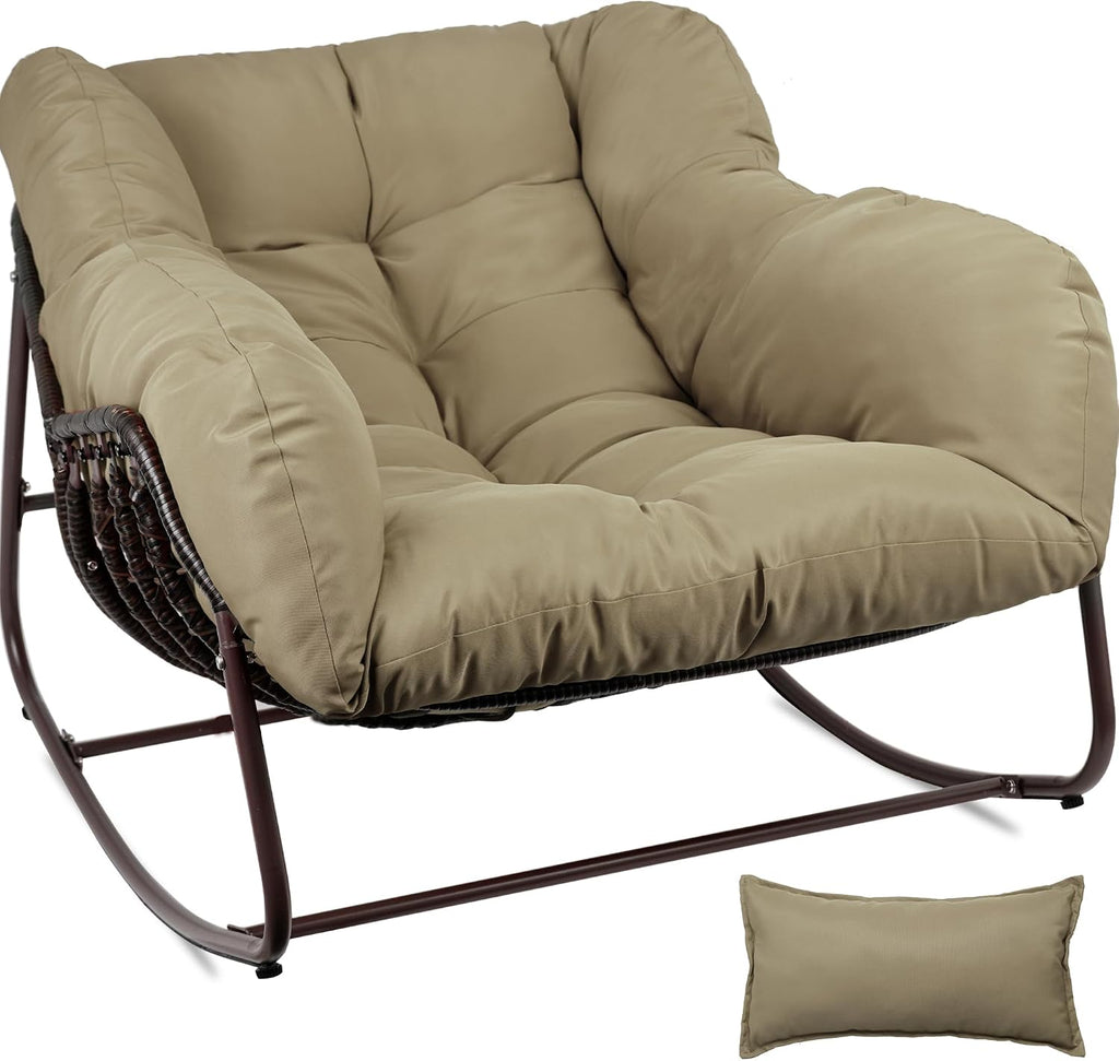 Papasan Rocking Chair Indoor & Outdoor, Oversized Patio Rocking Chairs with Padded Cushion& Pillow-Comfortable Rocker Egg Chair for Front Porch, Garden, Patio, Backyard,Brown,1PC