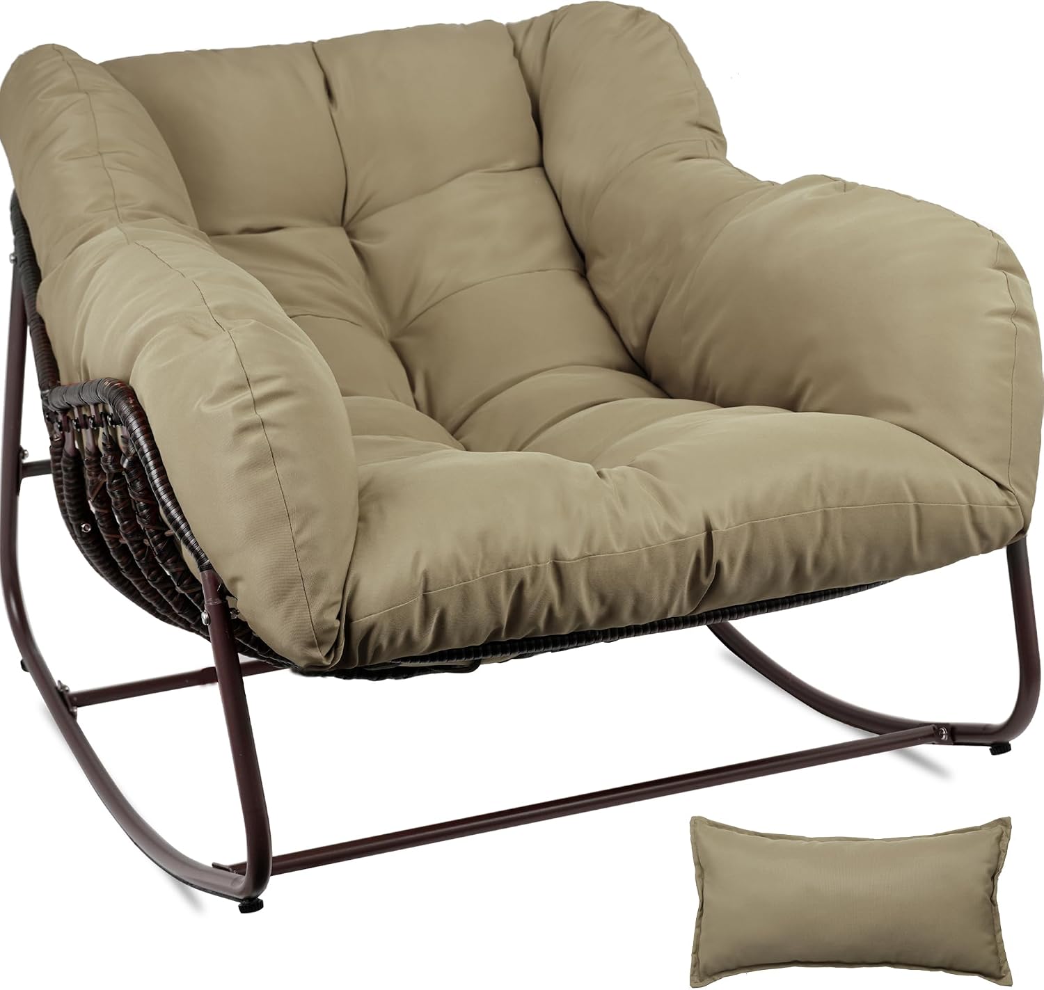 Papasan Rocking Chair Indoor & Outdoor, Oversized Patio Rocking Chairs with Padded Cushion& Pillow-Comfortable Rocker Egg Chair for Front Porch, Garden, Patio, Backyard,Brown,1PC