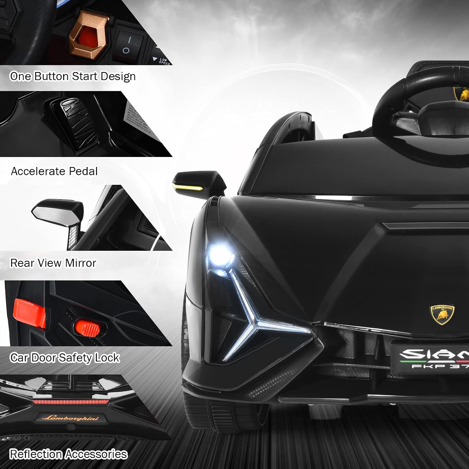 INFANS 12V Licensed Lamborghini Sian Kids Ride On Car with Parent Remote Control, Spring Suspension, MP3 Player, Electric Toy Roadster Carbon Fiber Textured for Toddler (Black)