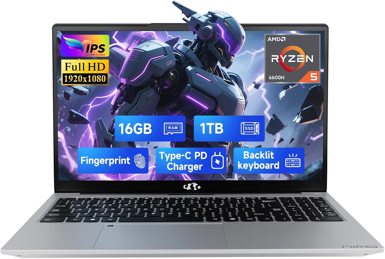 NIMO 15.6' IPS FHD-Gaming-Laptop, 6 Cores AMD Ryzen 5 6600H 16GB DDR5 RAM 1TB SSD (Beat i7-1165G7 up to 4.5GHz) 660M 6nm GPU-Computer with 100W Type-C Backlit Keyboard, Fingerprint