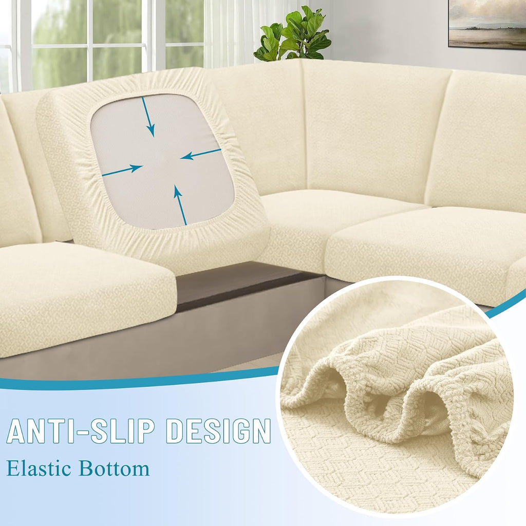 HDCAXKJ Waterproof Sectional Couch Cushion Covers 11 Pieces Stretch Jacquard L Shaped Corner Sofa Slipcover Back Cover Soft Sofa Seat Cushion Covers for Dogs Pet (5 Seater and 6 Backrest, Beige)