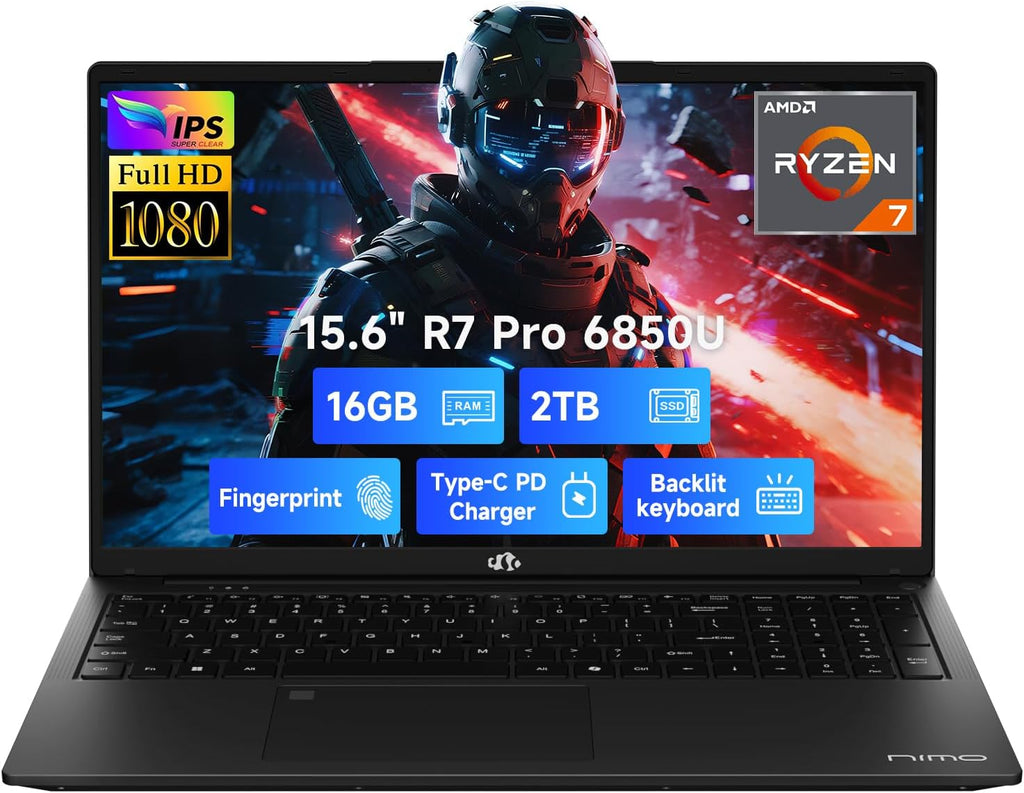 NIMO 15.6' Light-Gaming-Laptop, 8 Cores AMD Ryzen 7 Pro 6850U 16GB LPDDR5 RAM 2TB SSD (Beat i7-1360P Up to 4.7GHz) AMD Radeon 680M GPU IPS FHD Computer with 100W Type-C Backlit Keyboard Fingerprint