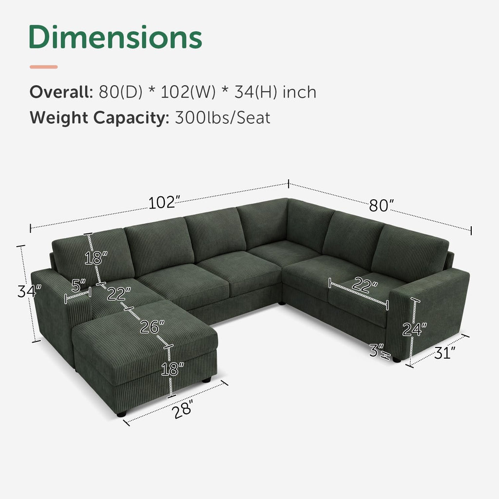 HONBAY Corduroy Sectional Sofa with Storage, U Shape Sectional Sofa with Chaise, Sectional Couches for Living Room, Green