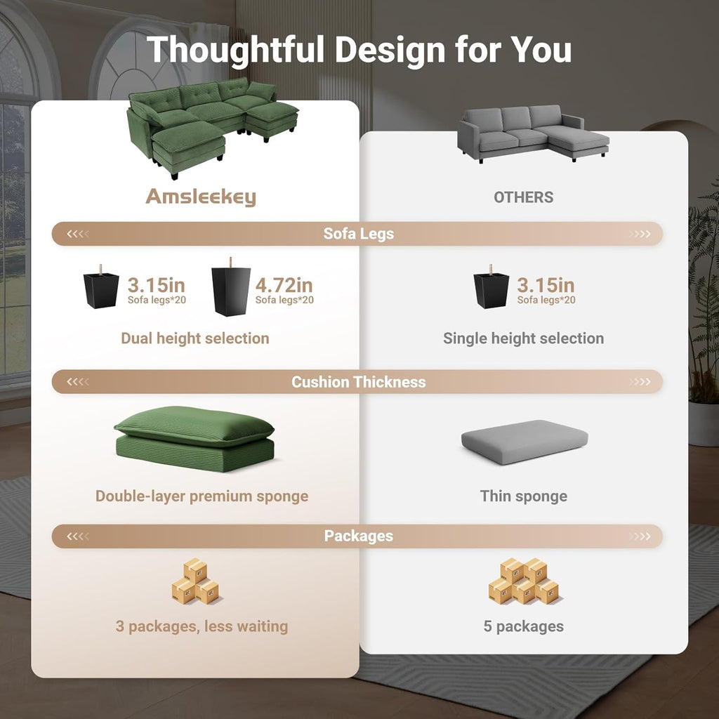 Amsleekey Modular Sectional Sofa, 111.5' U-Shaped Corduroy Comfy Sectional Couches for Living Room, 3-Seater Cloud Couches with 2 Movable Ottomans, Flexible Combination Modern Deep Seat Sofa (Green)