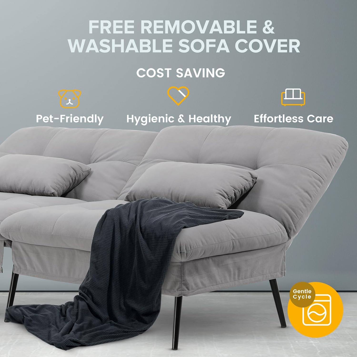 COMHOMA Convertible Futon Sofa Bed, 72″Fabric Futons Couch with Adjustable Backrest, Folding Sleeper Recliner for Living Room Furniture (Grey)