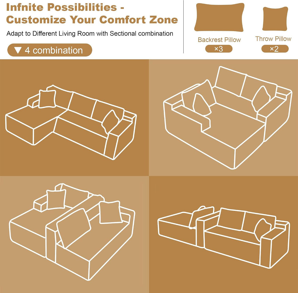 AUGOP 108' Sectional Couches for Living Room Modern Modular Sofa with L-Shape Couchs Upholstered Boneless Couch Deep Seat Sectional Couch with Chaise (Camel, Left Facing Chaise+2Seaters)