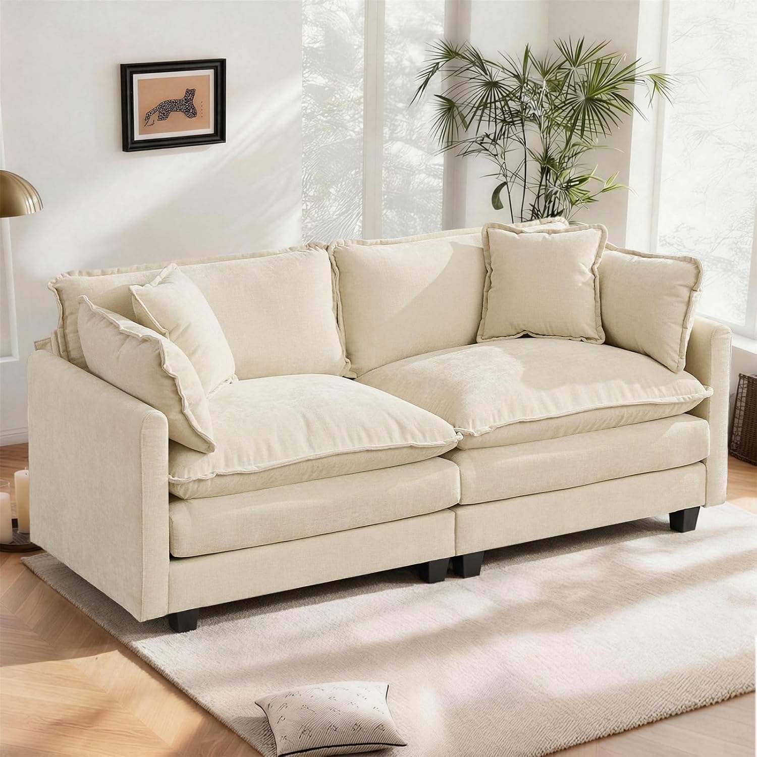 SoarFlash 77.95' Chenille Sectional Sofa, Comfy Modular Loveseat Sofa, Modern 2-Seat Couch Deep Seat Sofa Set for Living Room,Beige