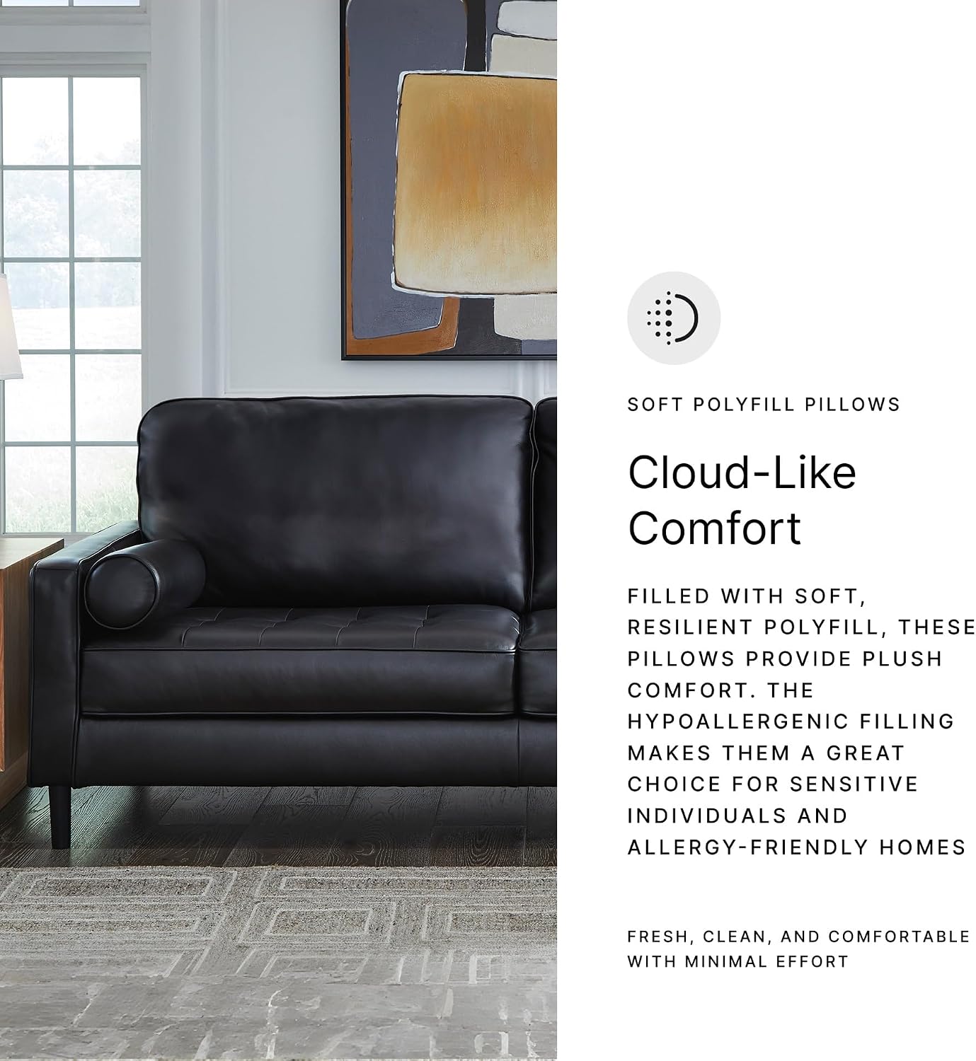 Signature Design by Ashley Bryceview Contemporary Leather Match Tufted Sofa with 2 Bolster Pillows, Black