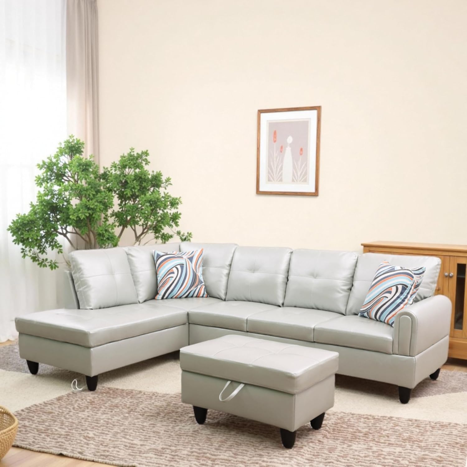 L Shaped Couch Sectional Couches with Chaise and Storage Ottoman, 3 Pieces Modular Convertible Sofa for Living Room Furniture Sets and Small Apartment Faux Leather, Silver Green