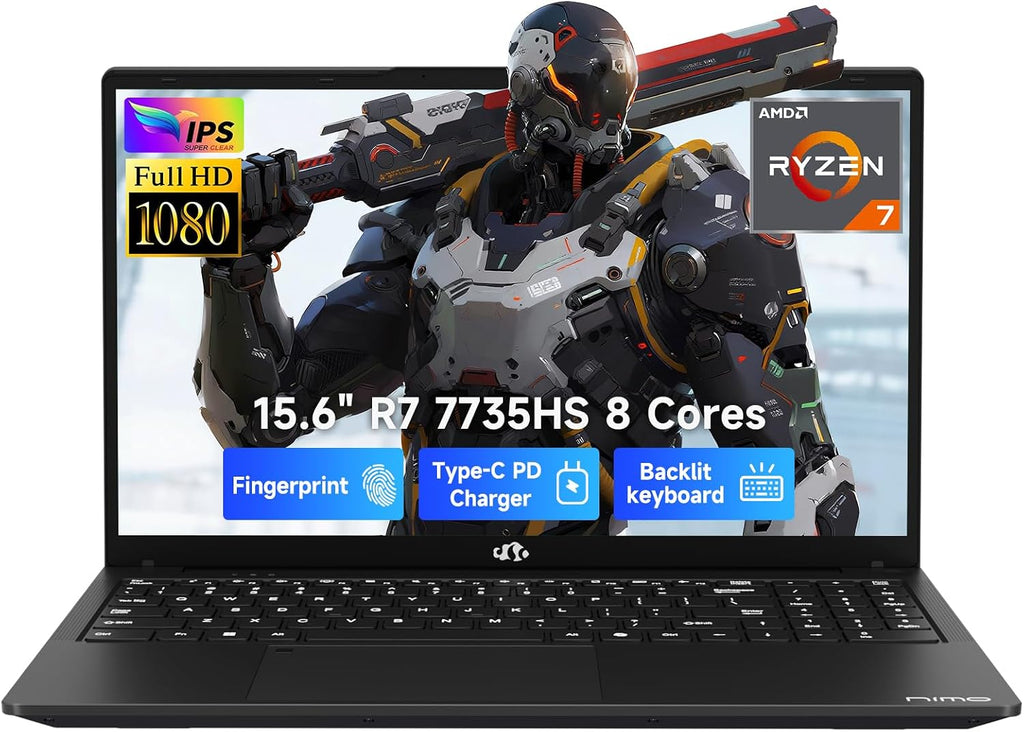 NIMO 2026 Laptop, 15.6' FHD Display, AMD Ryzen 7 7735HS (8C/16T, Up to 4.75GHz) Computer, 16GB DDR5 256GB NVMe SSD, Radeon 680M Graphics, Backlit Keyboard, Fingerprint Unlock, PD 100W Type-C