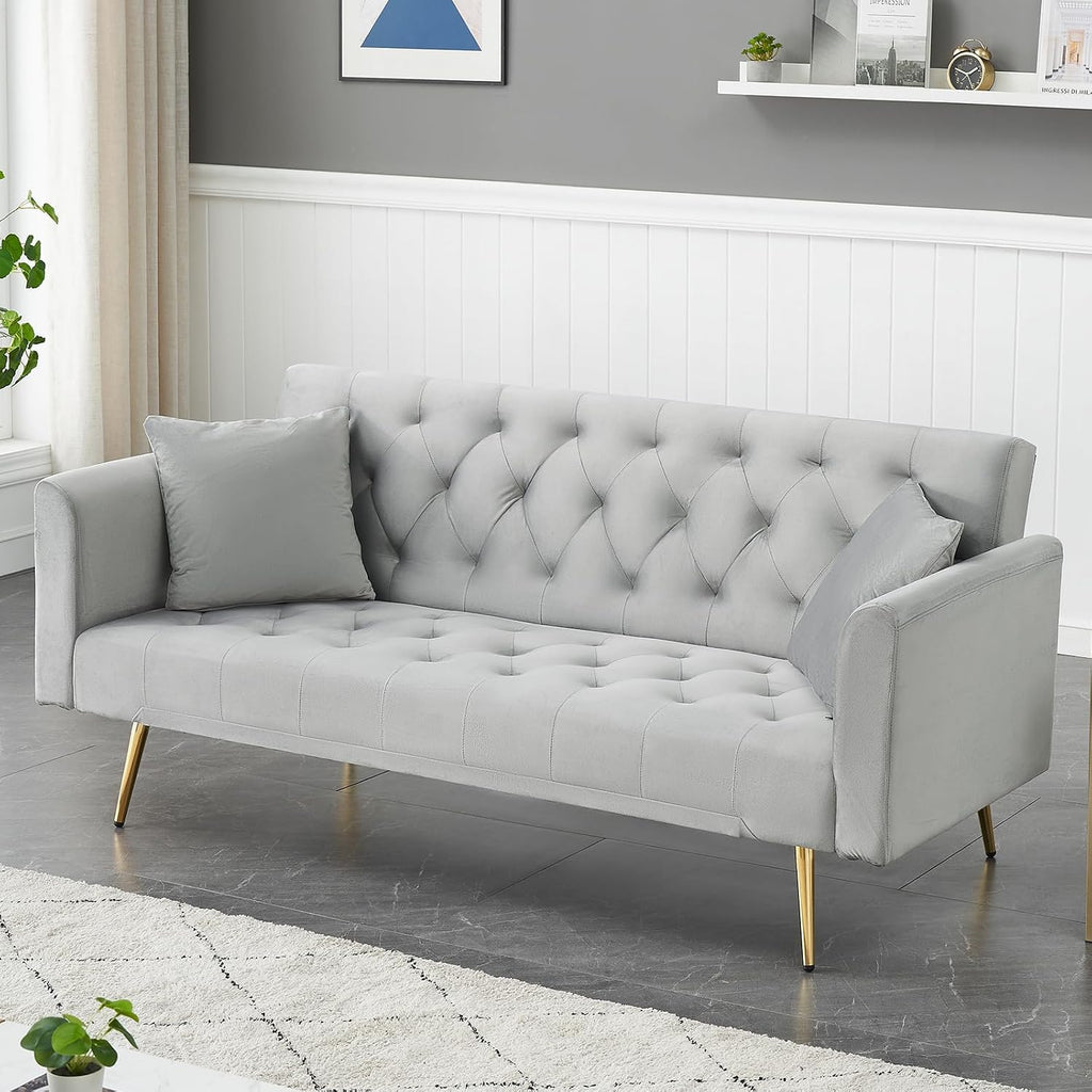71' Modern Velvet Sofa Bed Futon, Convertible Sleeper Couch with Adjustable Backrest, Tufted Recliner Loveseat with Golden Chrome Legs & 2 Pillows for Small Spaces, Living Room, Apartment (Gray)