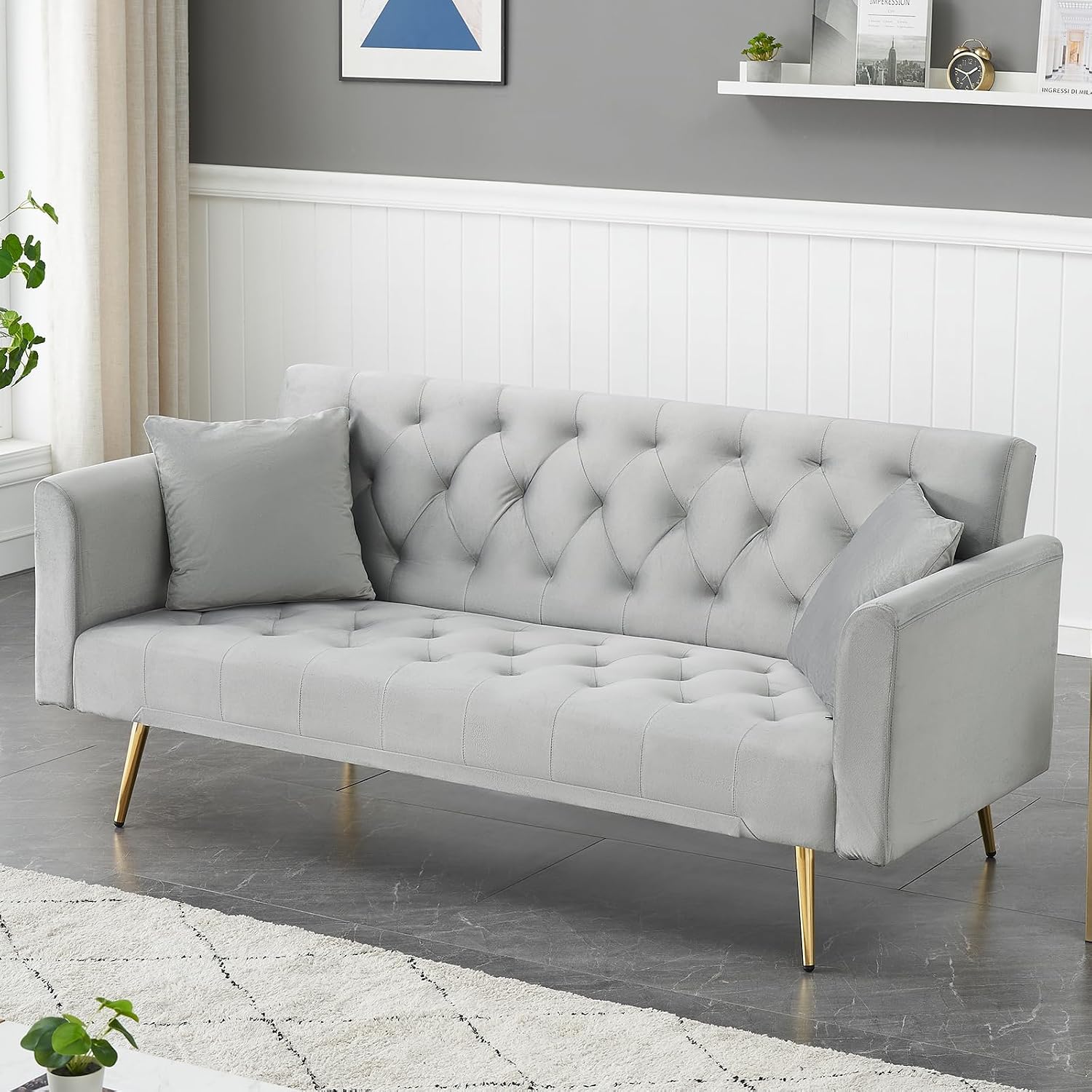 71' Modern Velvet Sofa Bed Futon, Convertible Sleeper Couch with Adjustable Backrest, Tufted Recliner Loveseat with Golden Chrome Legs & 2 Pillows for Small Spaces, Living Room, Apartment (Gray)