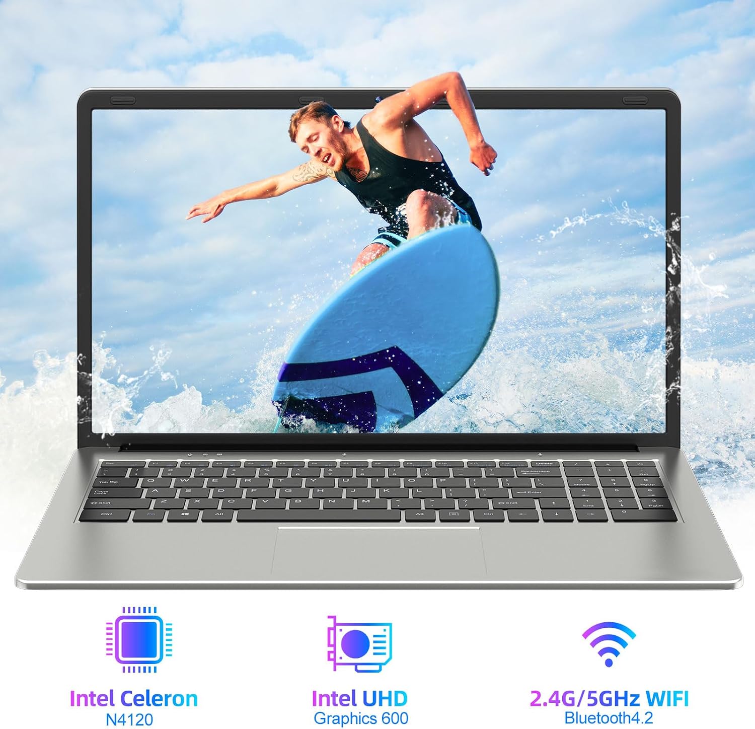 Laptop 15.6 Inch, 4GB DDR4 128GB SSD Laptops Computer with Intel Celeron Quad Core Processor, Intel UHD Graphics 600, Mini HDMI, Webcam, 2.4G/5GHz WiFi, 2*USB3.2, Bluetooth4.2