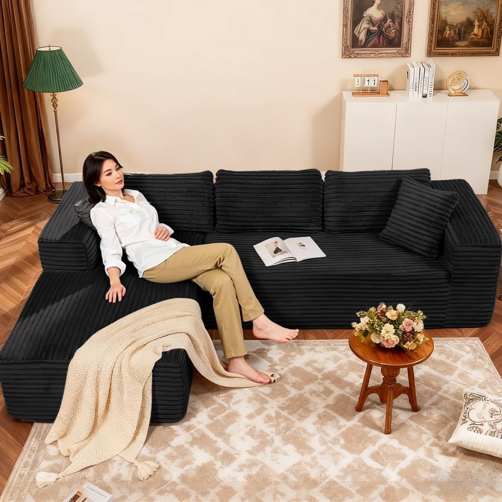COMHOMA 105'Modular Sectional Sofa with Deep Seat,Cloud Upholstered L-Shape Couch Wide Arms Corduroy Fabric High-Density Foam Chaise Lounge for Living Room No Assembly Required
