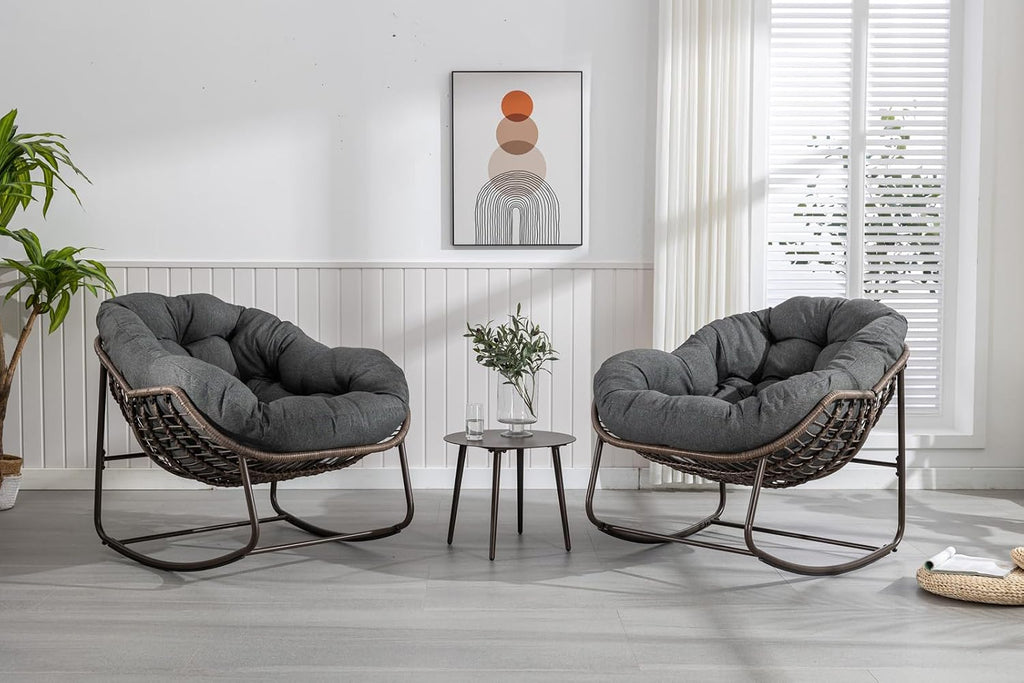 Outside Rattan Rocking Chair with Wicker Cushion, Oversized Lounge Papasan Chair, Outdoor Camping Chairs Patio Furniture for Garden, Balcony, Front Porch & Living Room, Grey1