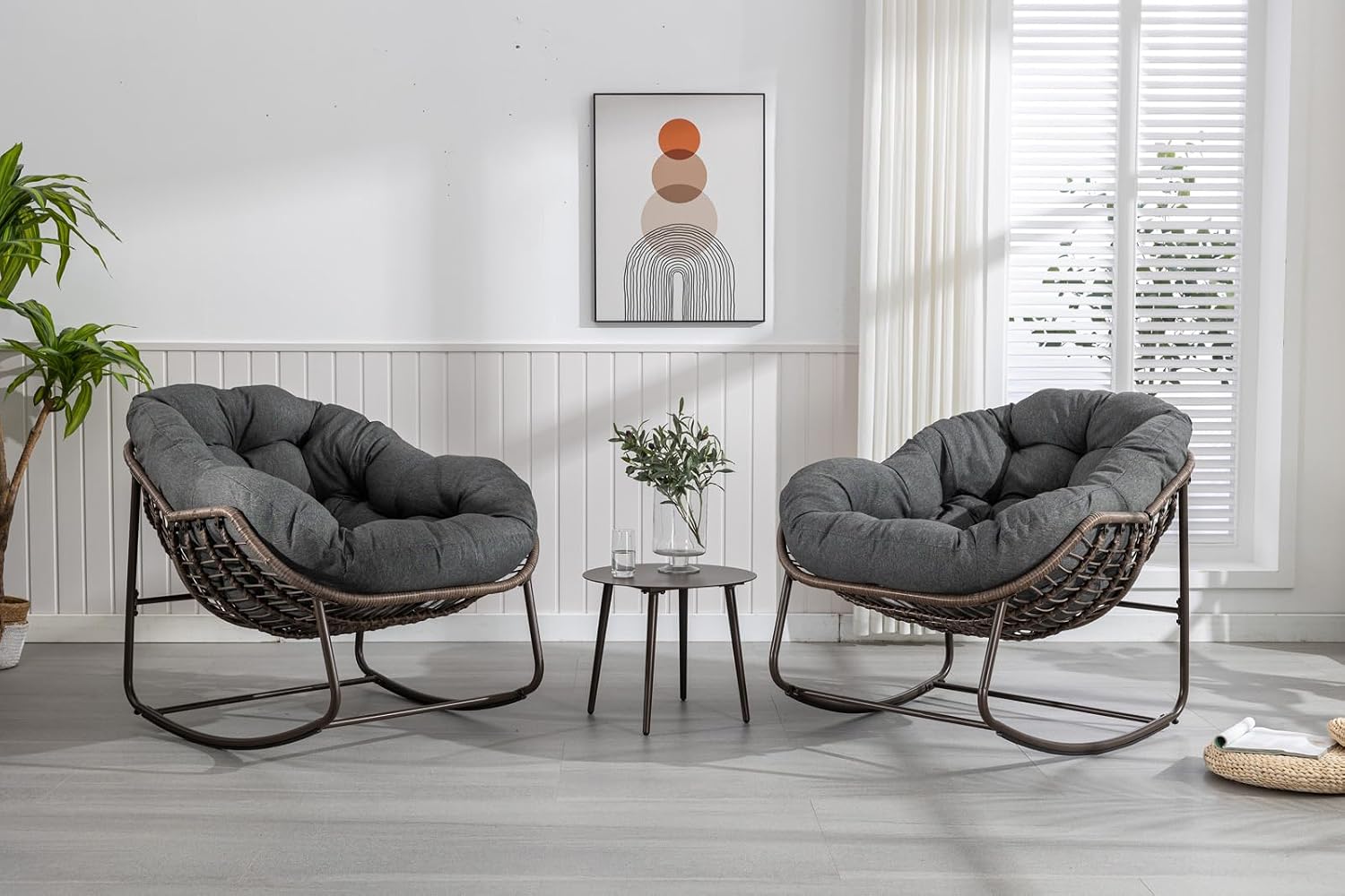 Outside Rattan Rocking Chair with Wicker Cushion, Oversized Lounge Papasan Chair, Outdoor Camping Chairs Patio Furniture for Garden, Balcony, Front Porch & Living Room, Grey1