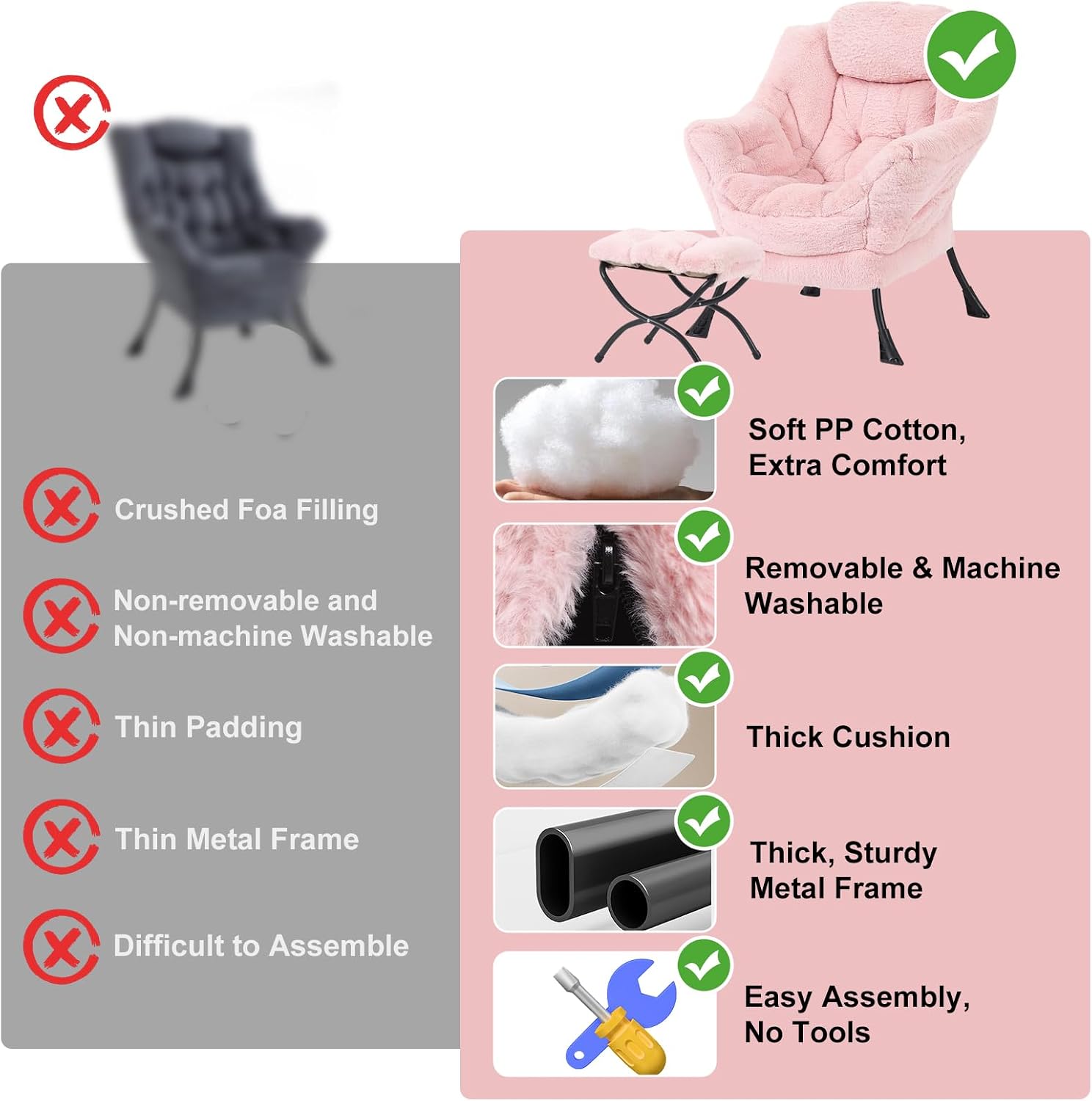 Furlide Lazy Chair with Ottoman, Modern Accent Chair with Armrests and a Side Pocket, Plush Pink Accent Chairs, Reading Chairs, Oversized Armchairs for Bedroom, Study, Living Room, Courtyard