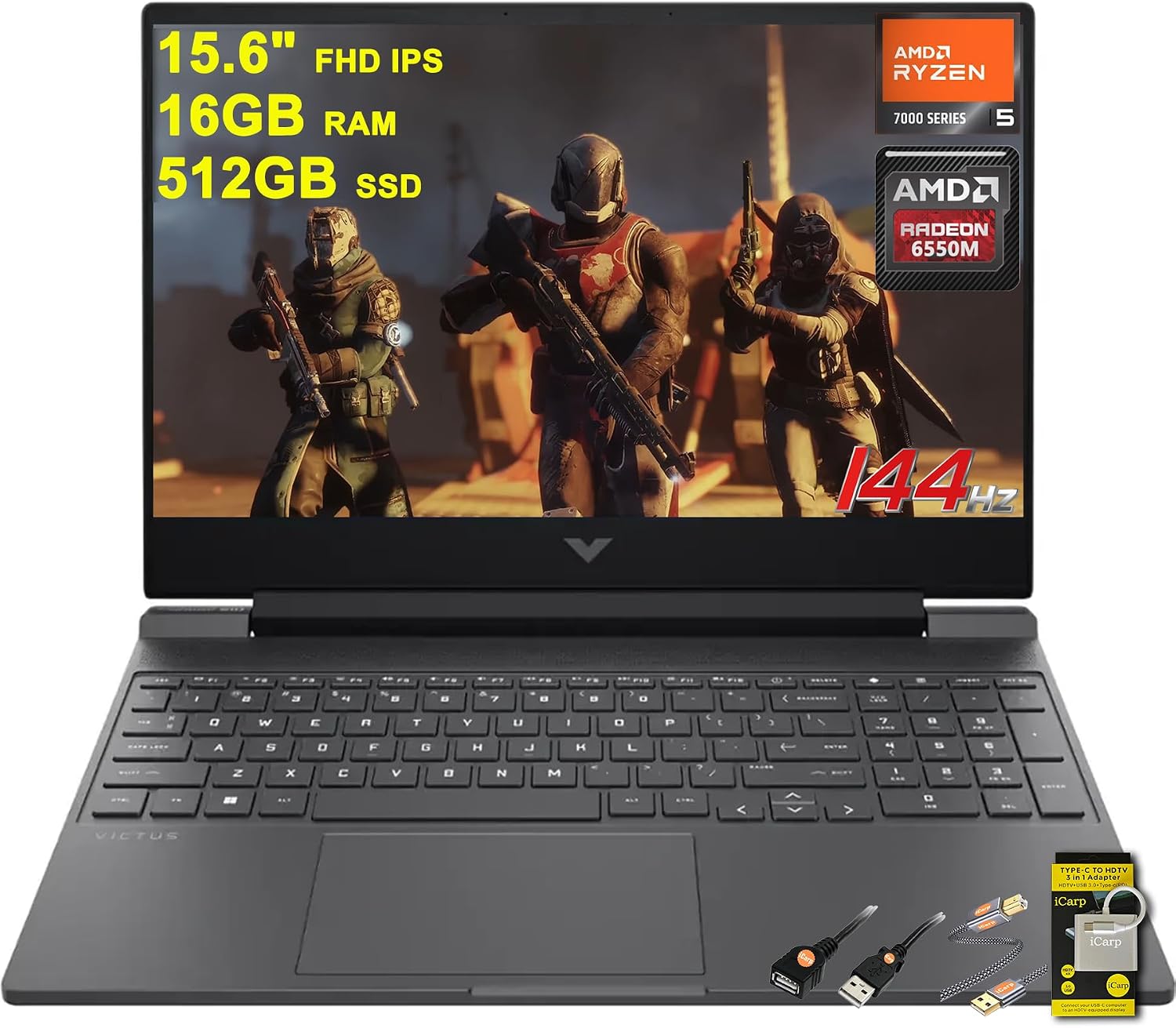 HP Victus 15 Gaming Laptop 15.6' FHD IPS 144Hz (AMD FreeSync Premium) AMD Hexa-core Ryzen 5 7535HS 16GB RAM 512GB SSD Radeon RX 6550M (>RTX3050) Backlit USB-C Fast Charging Win11 w/ICP Accessory