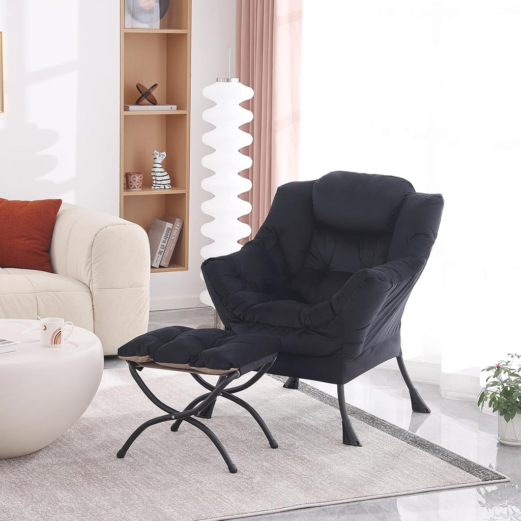 MBOOYOME Lazy Chair with Folding Ottoman, Modern Accent Lounge Armchair with Armrests, a Side Pocket & Foldable Footstool, Leisure Reading Chair for Living Room, Bedroom, Dorm & Office, Velvet Black
