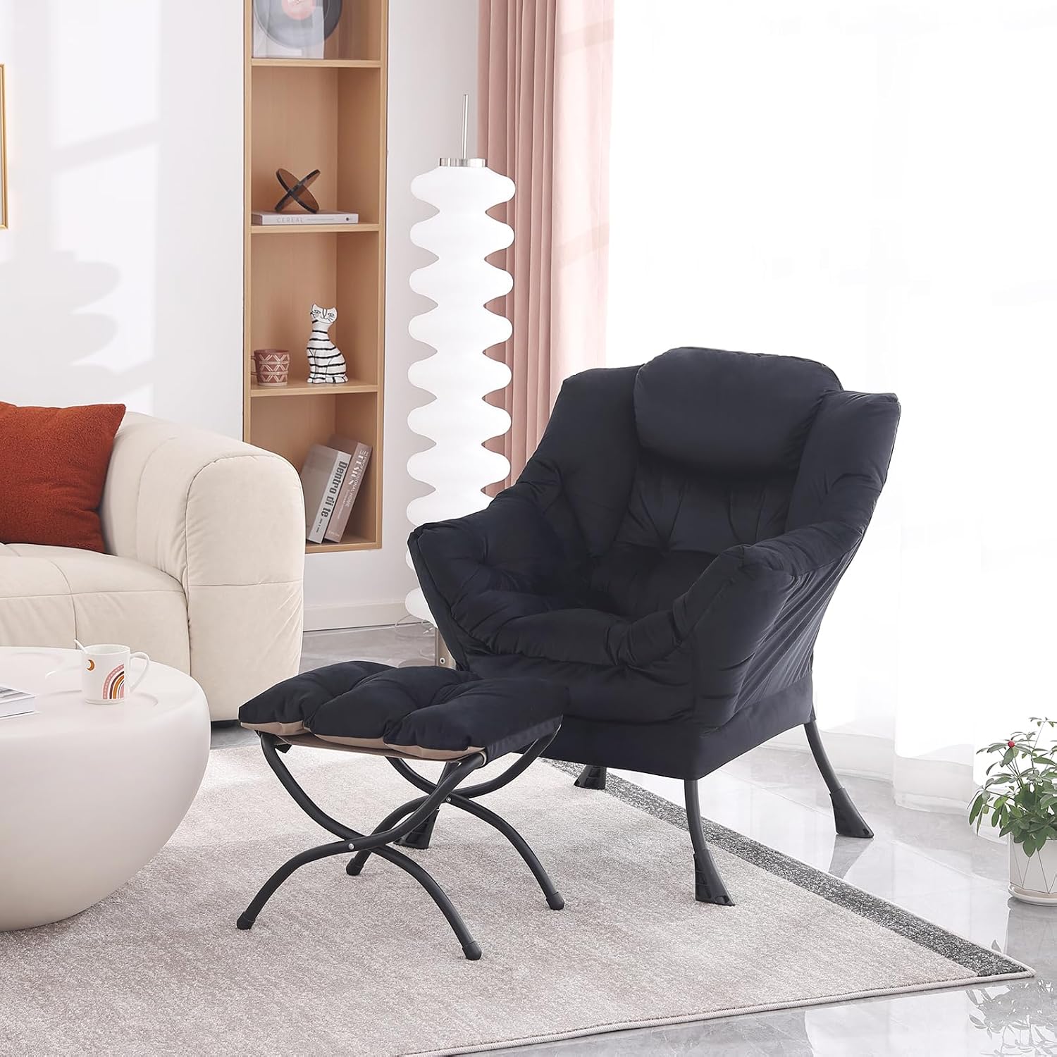 MBOOYOME Lazy Chair with Folding Ottoman, Modern Accent Lounge Armchair with Armrests, a Side Pocket & Foldable Footstool, Leisure Reading Chair for Living Room, Bedroom, Dorm & Office, Velvet Black