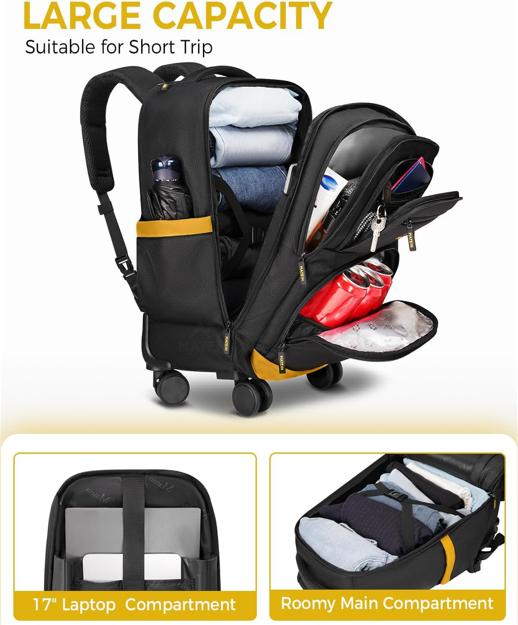MATEIN Rolling Backpack with 4 Spinner Wheels, Protective Gaming Backpack for Men 17 Inch, Gaming Laptop Bag Set 2pcs Includes Tech Pouch