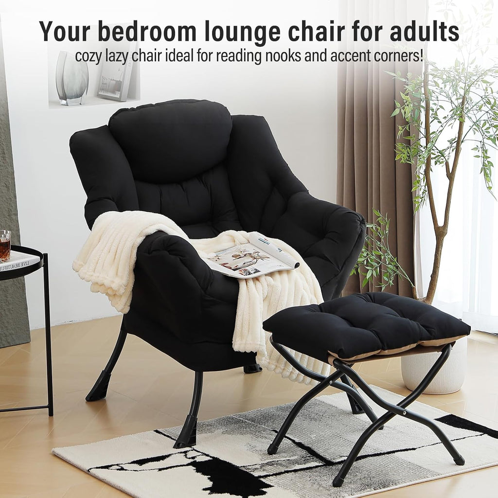 Furlide Lazy Chair with Ottoman, Modern Accent Chair with Armrests and a Side Pocket, Black Accent Chairs, Reading Chairs, Oversized Armchairs for Bedroom, Study, Living Room, Courtyard