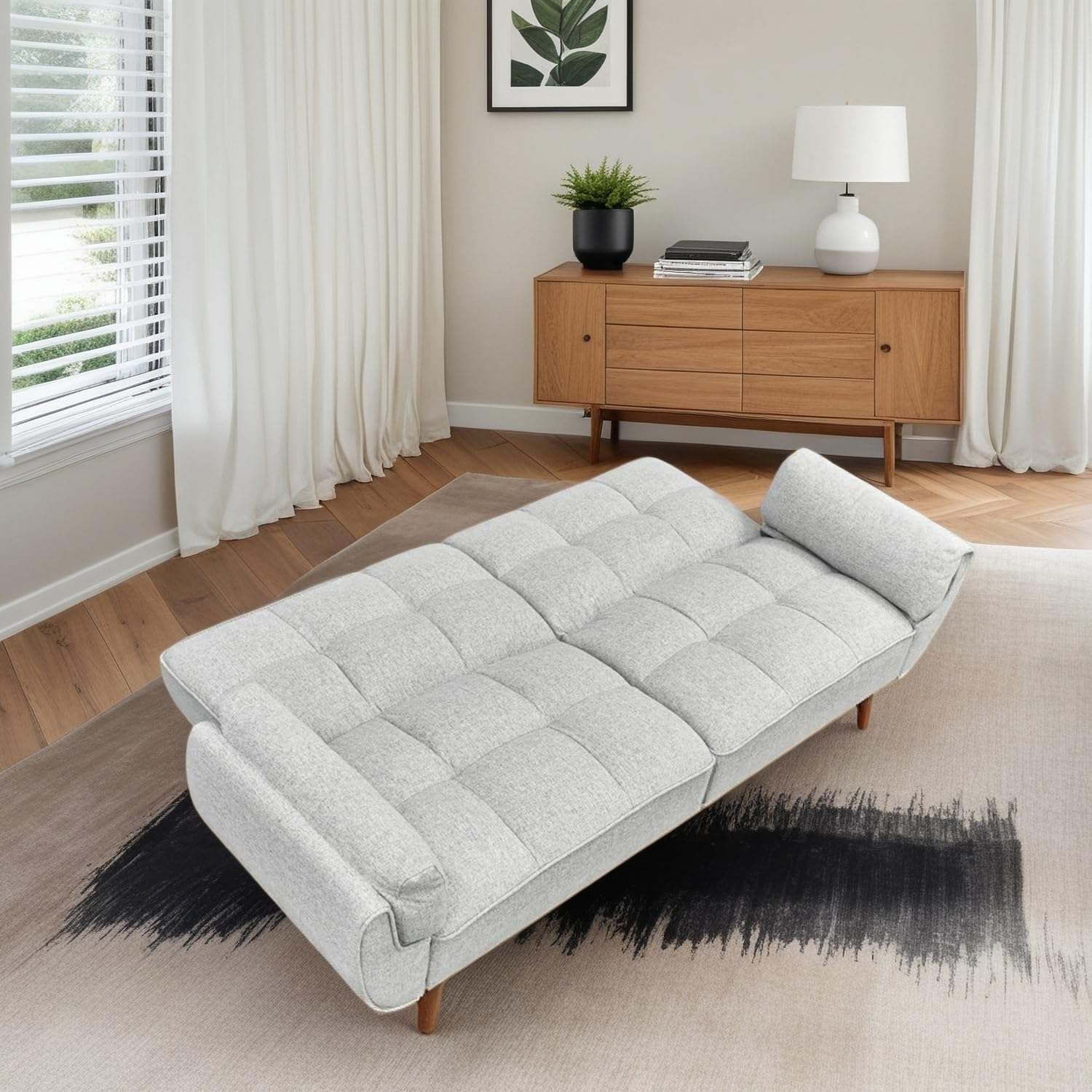 Convertible Futon Sofa Bed, Modern Futon Couch with 2 Pillows, Small Futons Couch with Adjustable Armrest & Backrest, Loveseat Sofa Bed for Living Room, Bedroom, Gray