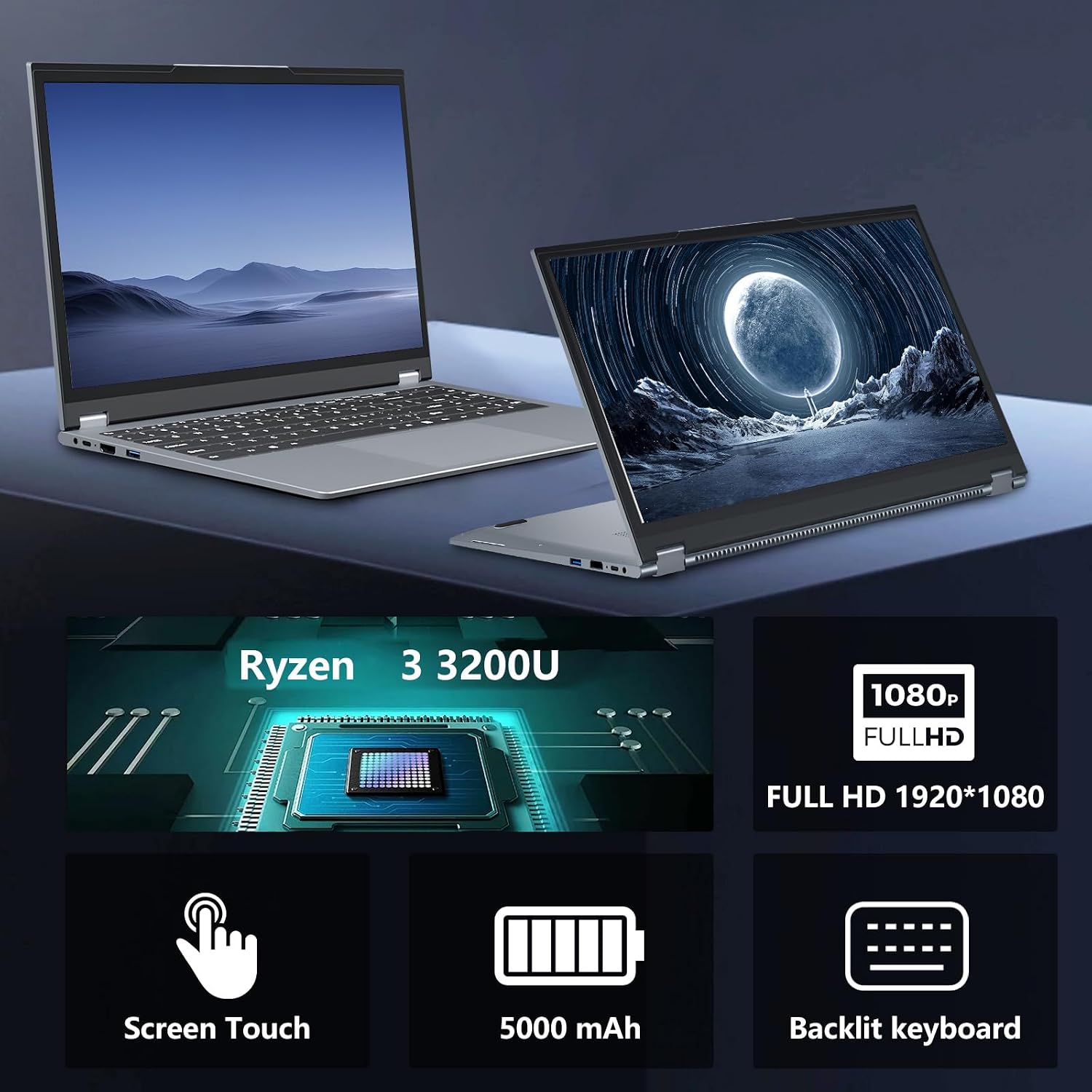 Gaming Laptop,15.6 Inch 2 in 1 Laptop,16 GB DDR4 512GB SSD,R3-3200U Processor(up to 3.50GHz),1920 * 1080 Touch Display,Wifi5,BT 5.1,HDMI*1,Type C,Supports 360° Folding,Backlit Keyboard,portable gamer