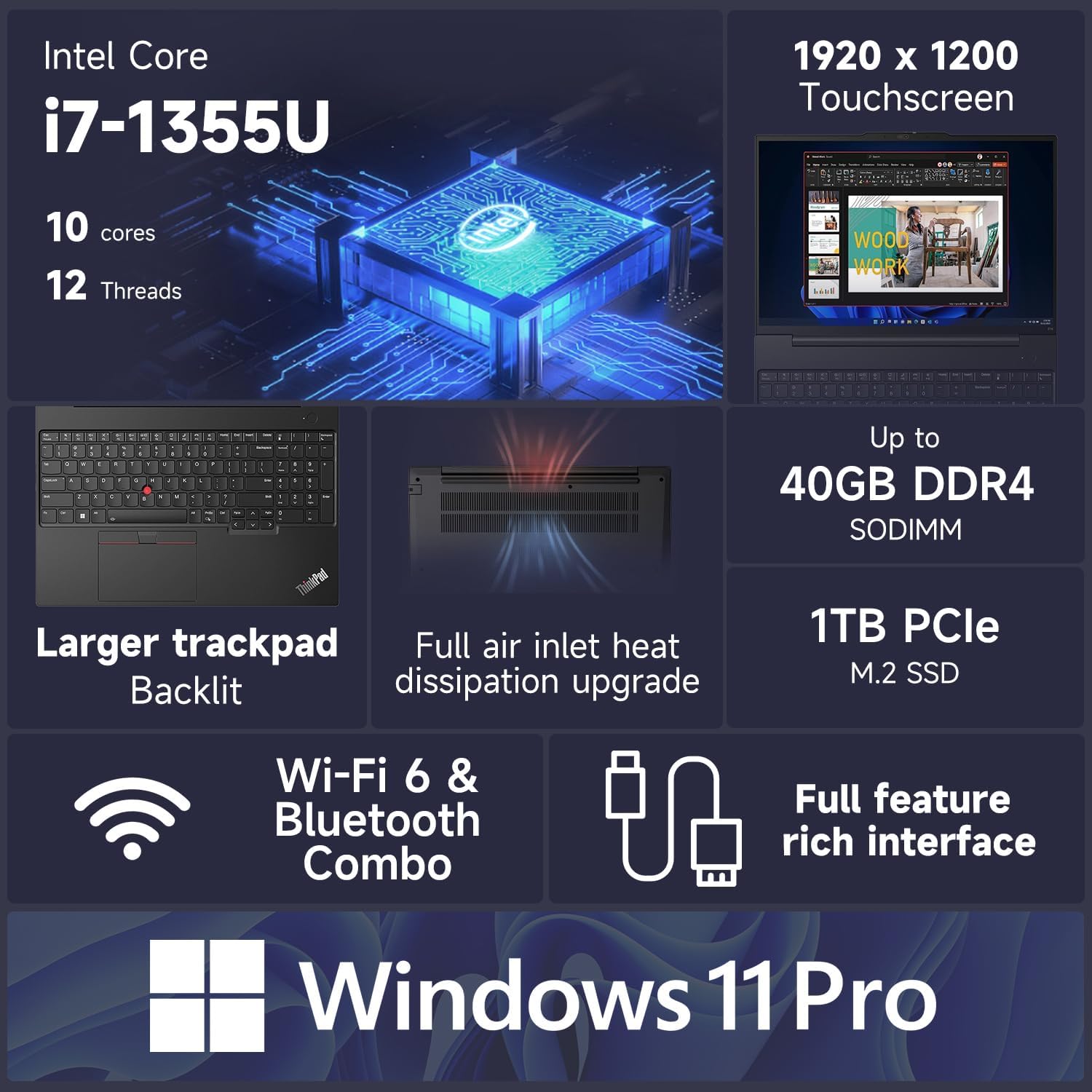 Lenovo ThinkPad E16 Business Laptop, 16' FHD+ Touchscreen, Intel Core i7-1355U, 16GB RAM, 1TB SSD, Fingerprint, Backlit, Webcam, HDMI, Wi-Fi 6, Windows 11 Pro, Bundle with Thunderobot 7-in-1 USB-C Hub