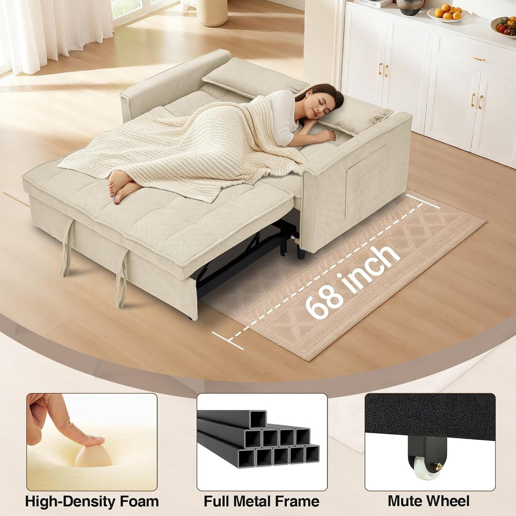 CAPCAEK 3 in 1 Convertible Sleeper Sofa Bed, Modern Corduroy Loveseat Pull-Out Couch w/Pullout Bed, Small Love Seat Lounge Sofa w/Reclining Backrest,Toss Pillows, Pockets, for Living Room