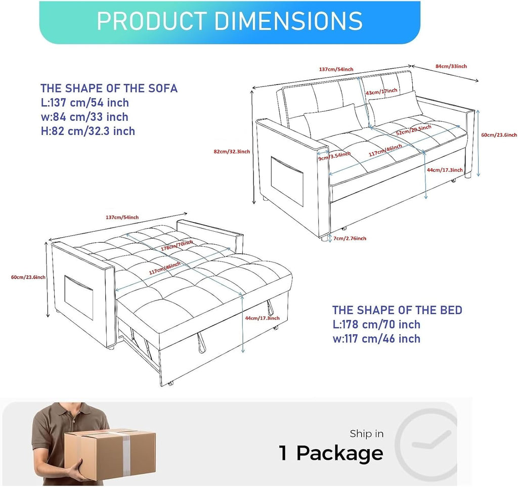 3 in 1 Convertible Sleeper Sofa Bed, 54'' Full Size Velvet Pull Out Futon Couch Recliner with Reclining Backrest & 2 Pillows, Small Loveseat Lounge Couches for Small Spaces (Medium Grey)