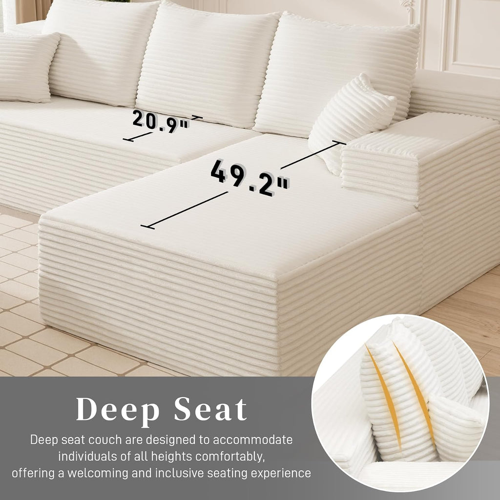 108' Boneless Couches for Living Room, L Shaped Comfy Cloud Modular Sectional Memory Foam Deep Seat Boneless Couch, No Assembly Required Boneless Sofa for Living Room with Right Facing Chaise, White
