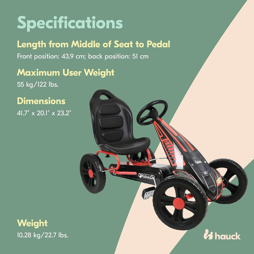 hauck Cyclone Pedal Go Kart with Adjustable Bucket Seat, 12 Inch EVA Foam Plastic Wheels, Handbrake for Rear Wheels - Ride On Toy for Kids 4-10 Years