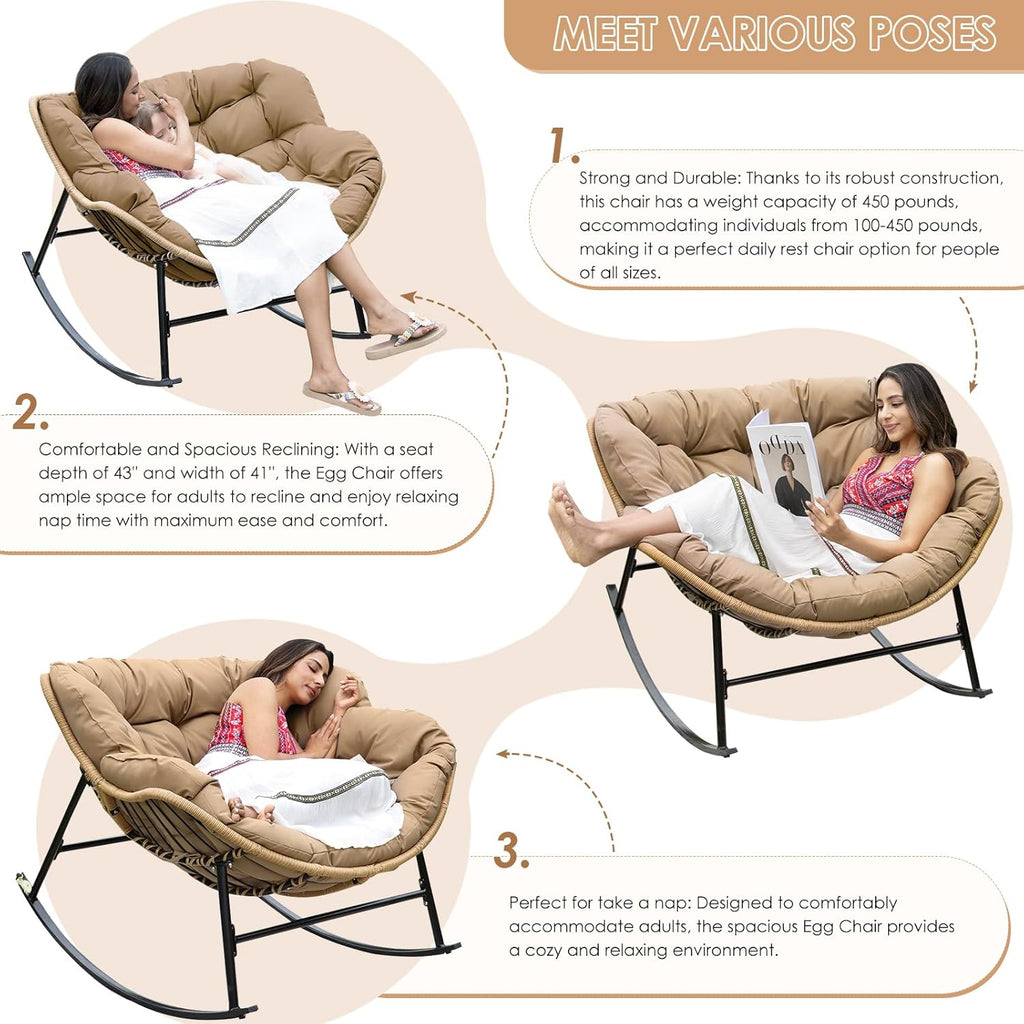 RADIATA Rocking Papasan Chair Outdoor with Cushion, Oversized Extra Large Padded Patio Lounge Chairs, Deep Wide Royal Rocking Chair with 450 lbs Capacity for Backyard, Outside, Garden, Lawn, Brown